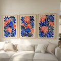 Matisse inspired tropical leaf wall art set of 3 – coral pink and navy blue abstract decor