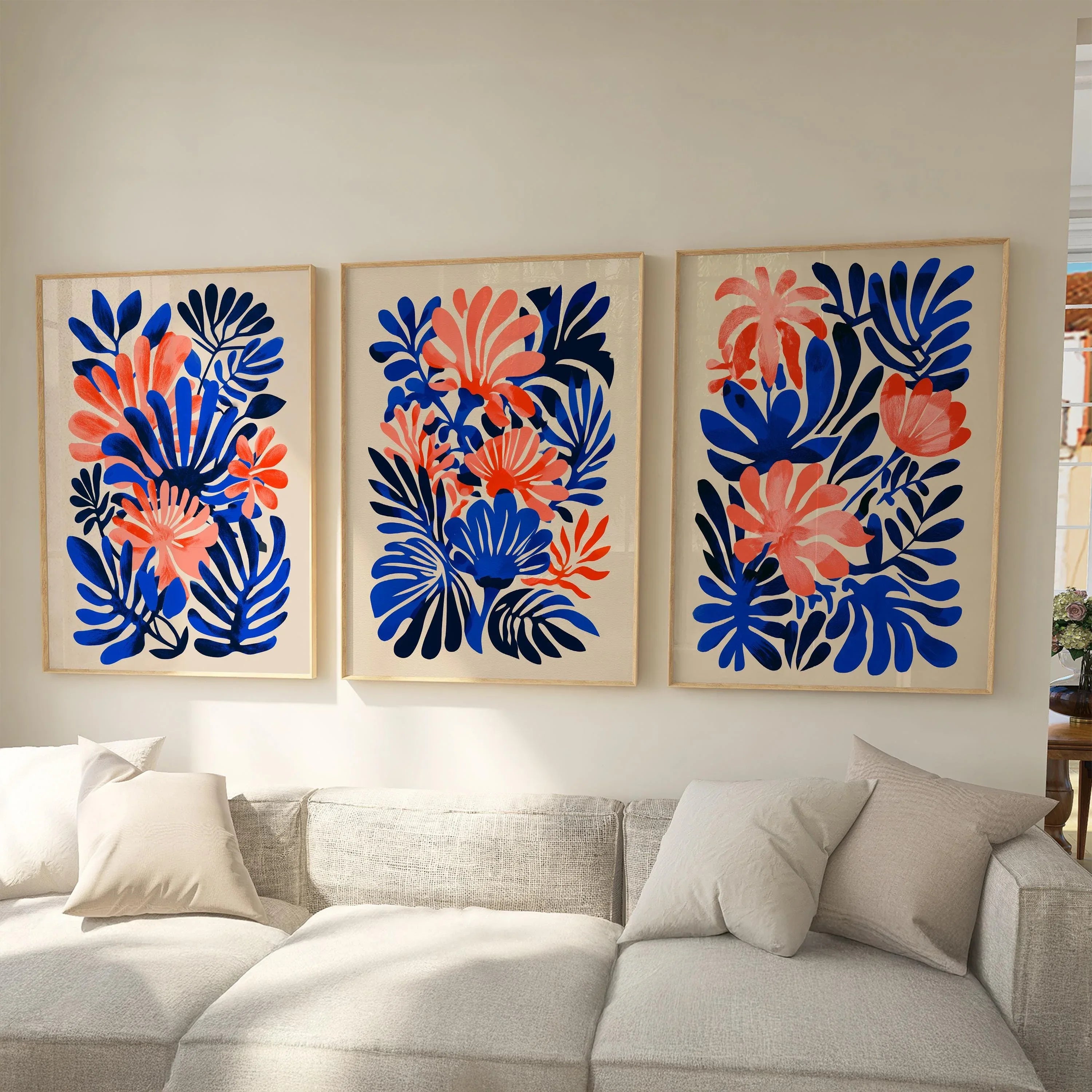 Matisse inspired tropical leaf wall art set of 3 – coral pink and navy blue abstract decor