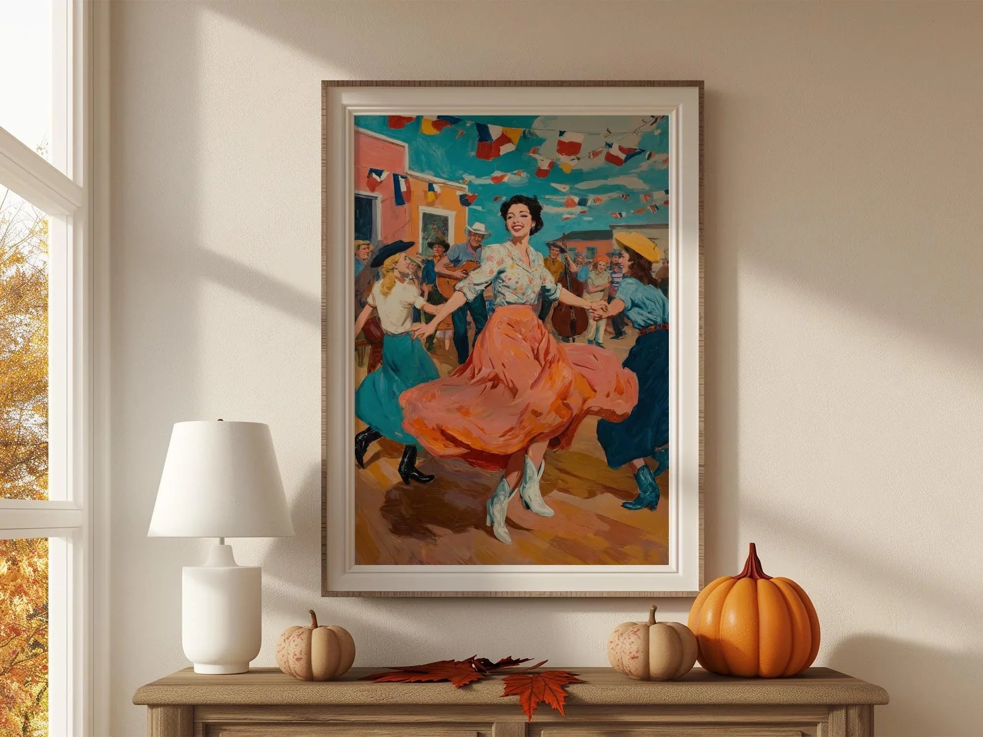 Mexican fiesta folk art wall art – colorful dancing woman in traditional dress, southwestern decor