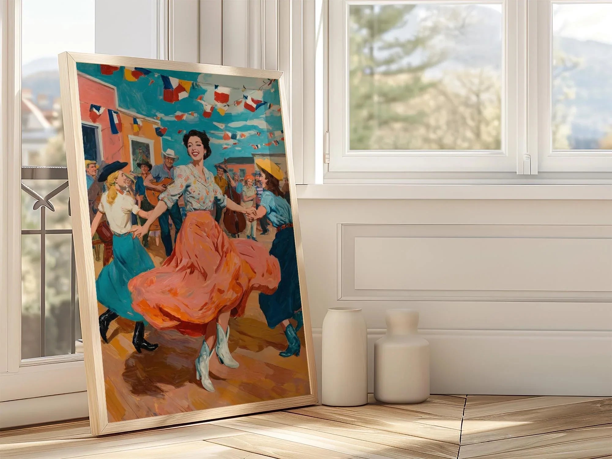 Mexican fiesta folk art wall art – colorful dancing woman in traditional dress, southwestern decor