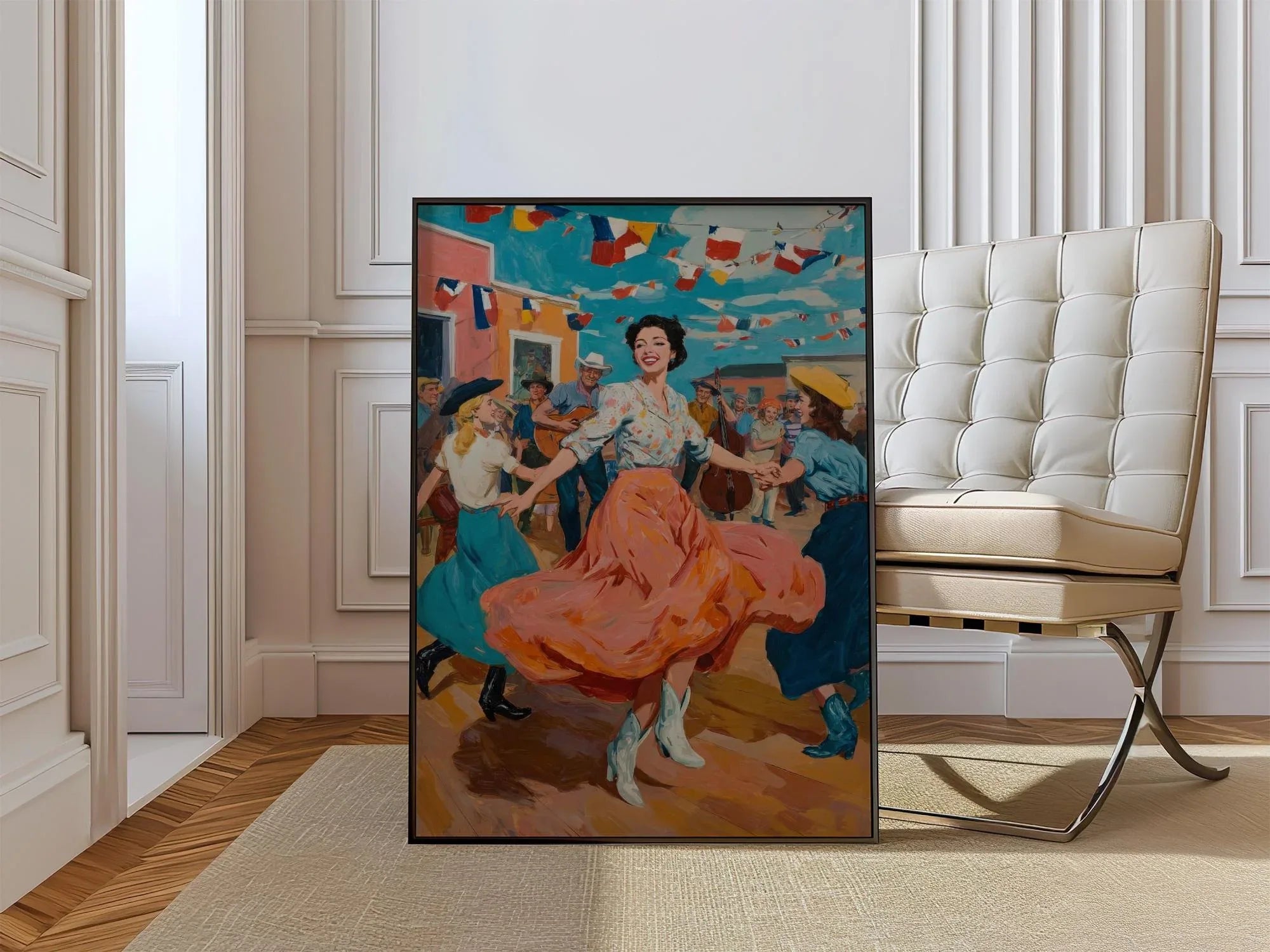 Mexican fiesta folk art wall art – colorful dancing woman in traditional dress, southwestern decor