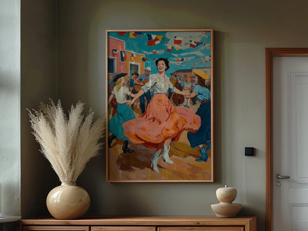 Mexican fiesta folk art wall art – colorful dancing woman in traditional dress, southwestern decor