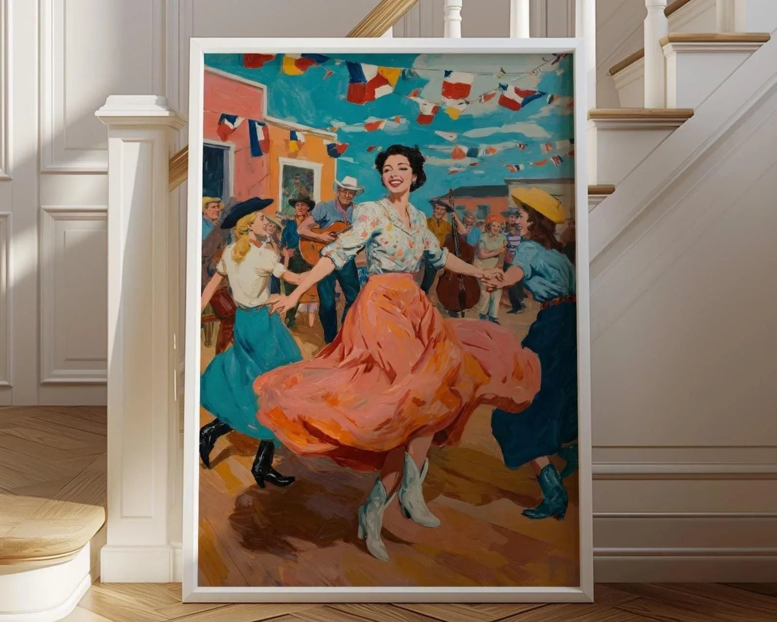 Mexican fiesta folk art wall art – colorful dancing woman in traditional dress, southwestern decor