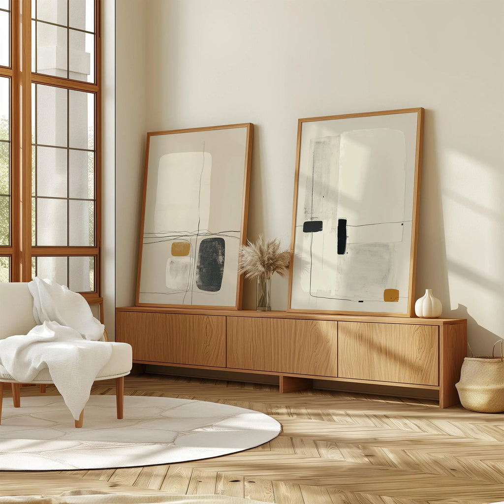 Minimalist abstract art set of 2 – modern line drawing in beige, black and mustard tones