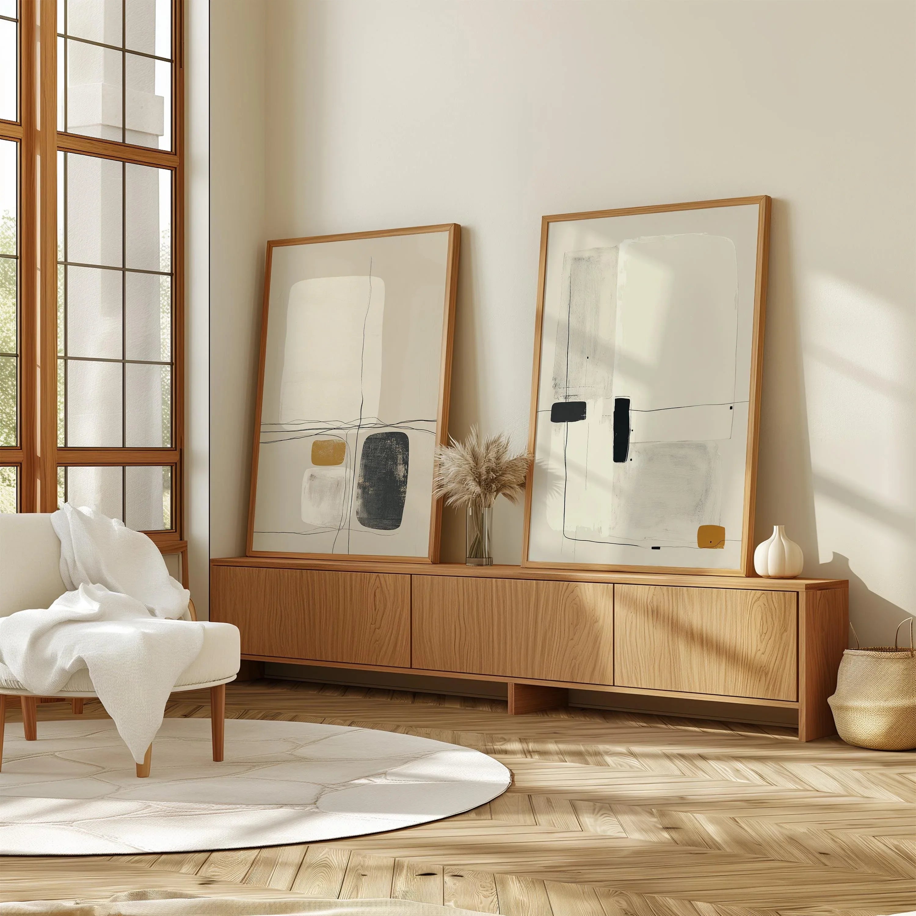 Minimalist abstract art set of 2 – modern line drawing in beige, black and mustard tones