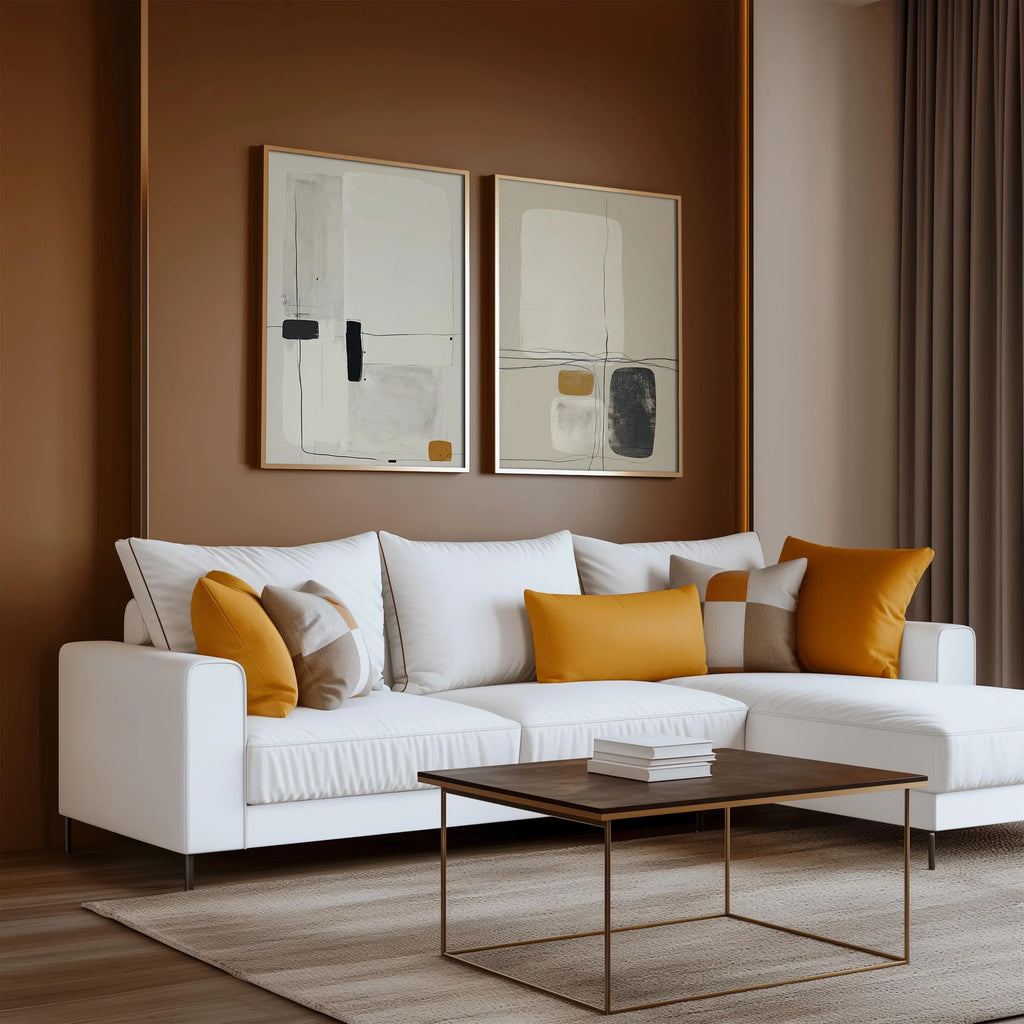 Minimalist abstract art set of 2 – modern line drawing in beige, black and mustard tones