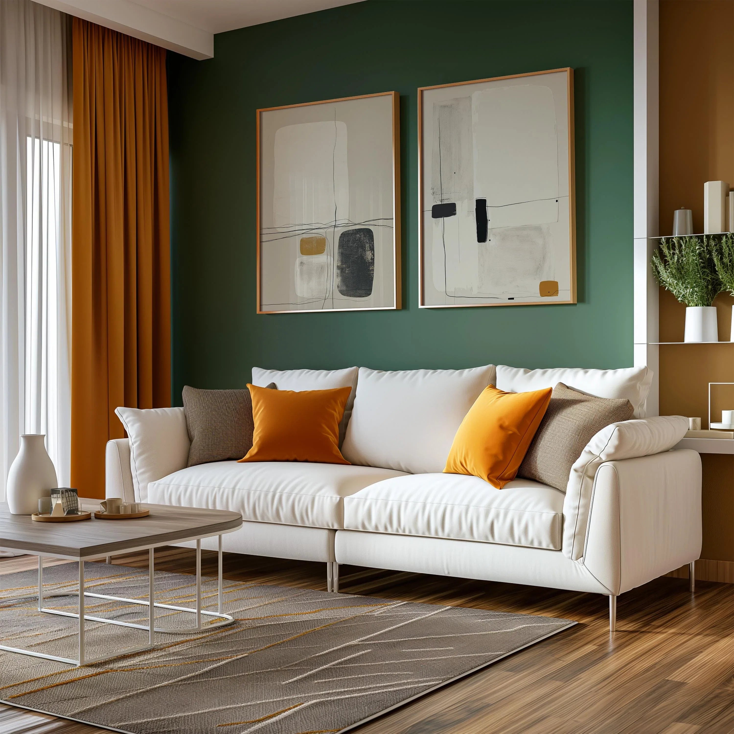 Minimalist abstract art set of 2 – modern line drawing in beige, black and mustard tones