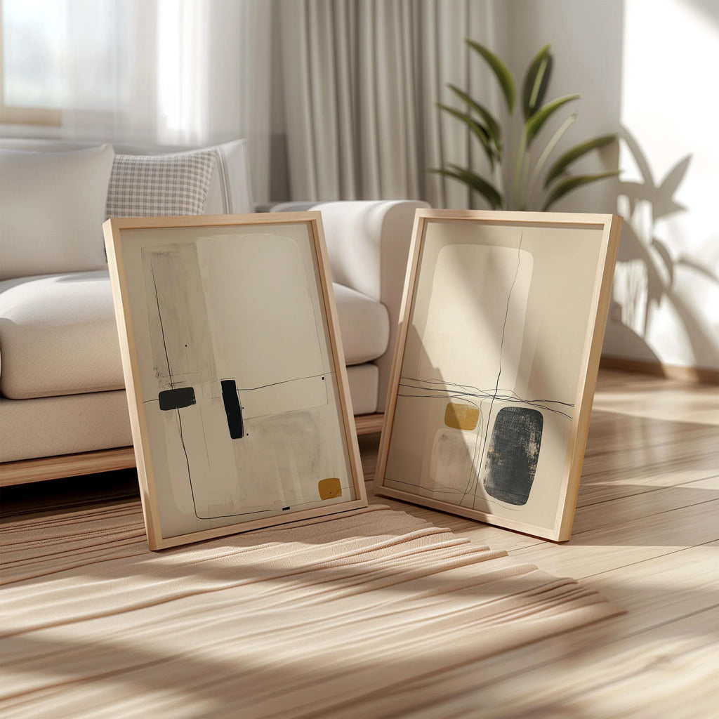 Minimalist abstract art set of 2 – modern line drawing in beige, black and mustard tones