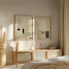 Minimalist abstract art set of 2 – modern line drawing in beige, black and mustard tones