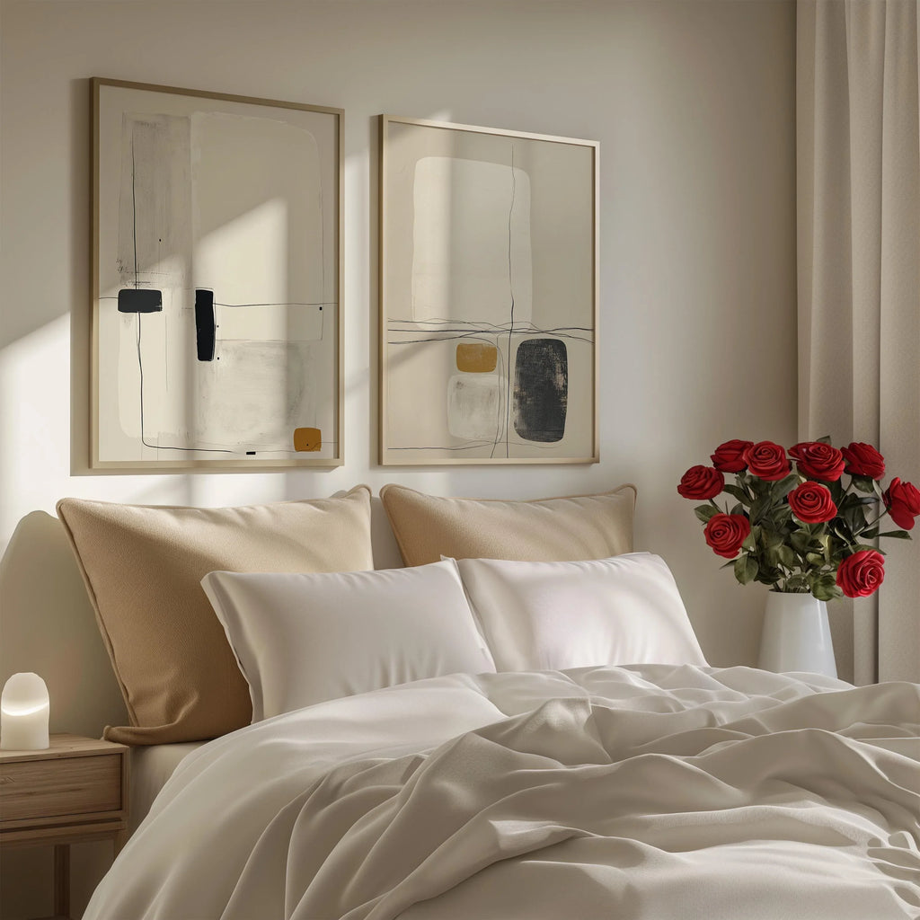 Minimalist abstract art set of 2 – modern line drawing in beige, black and mustard tones