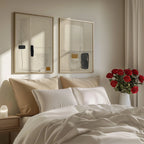 Minimalist abstract art set of 2 – modern line drawing in beige, black and mustard tones