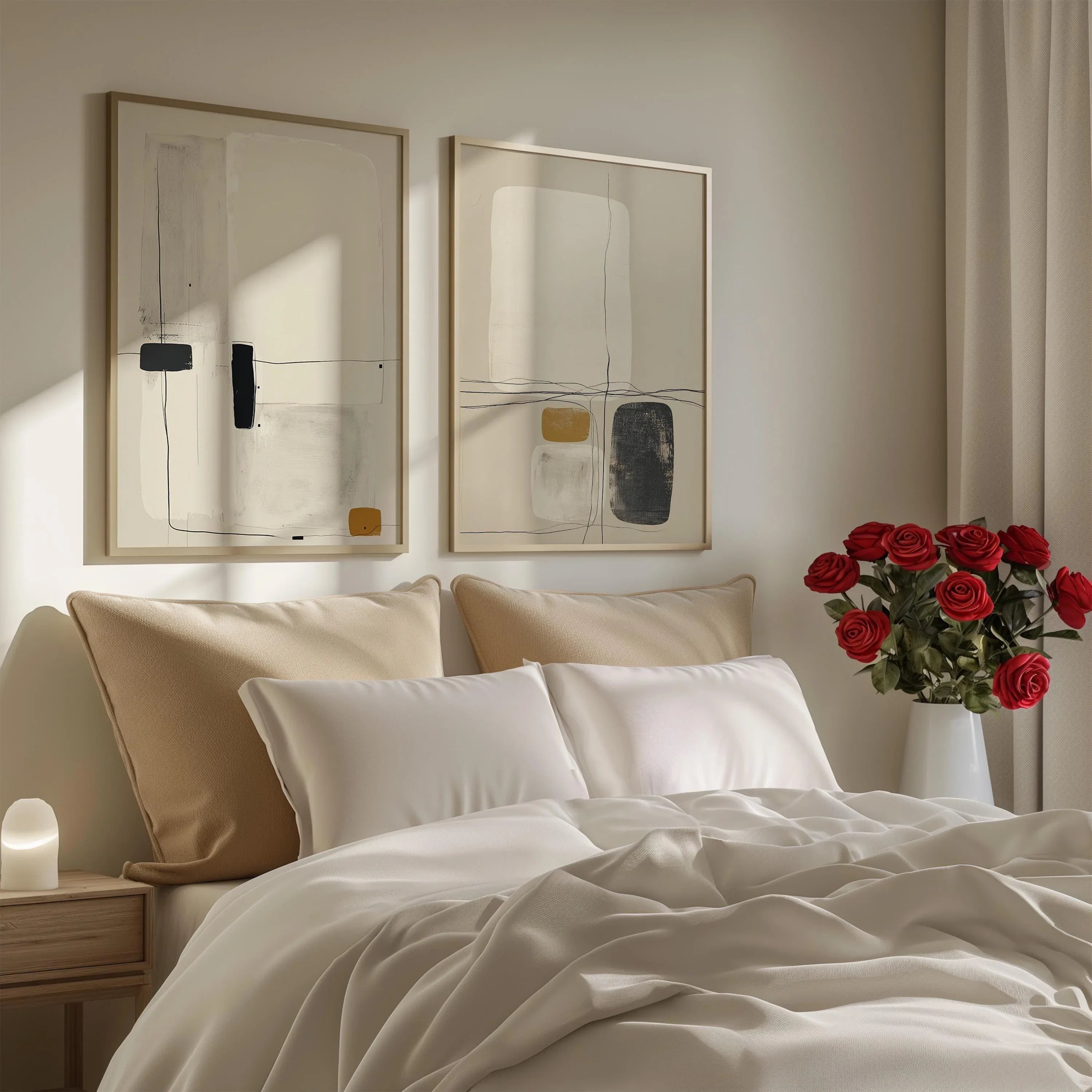 Minimalist abstract art set of 2 – modern line drawing in beige, black and mustard tones