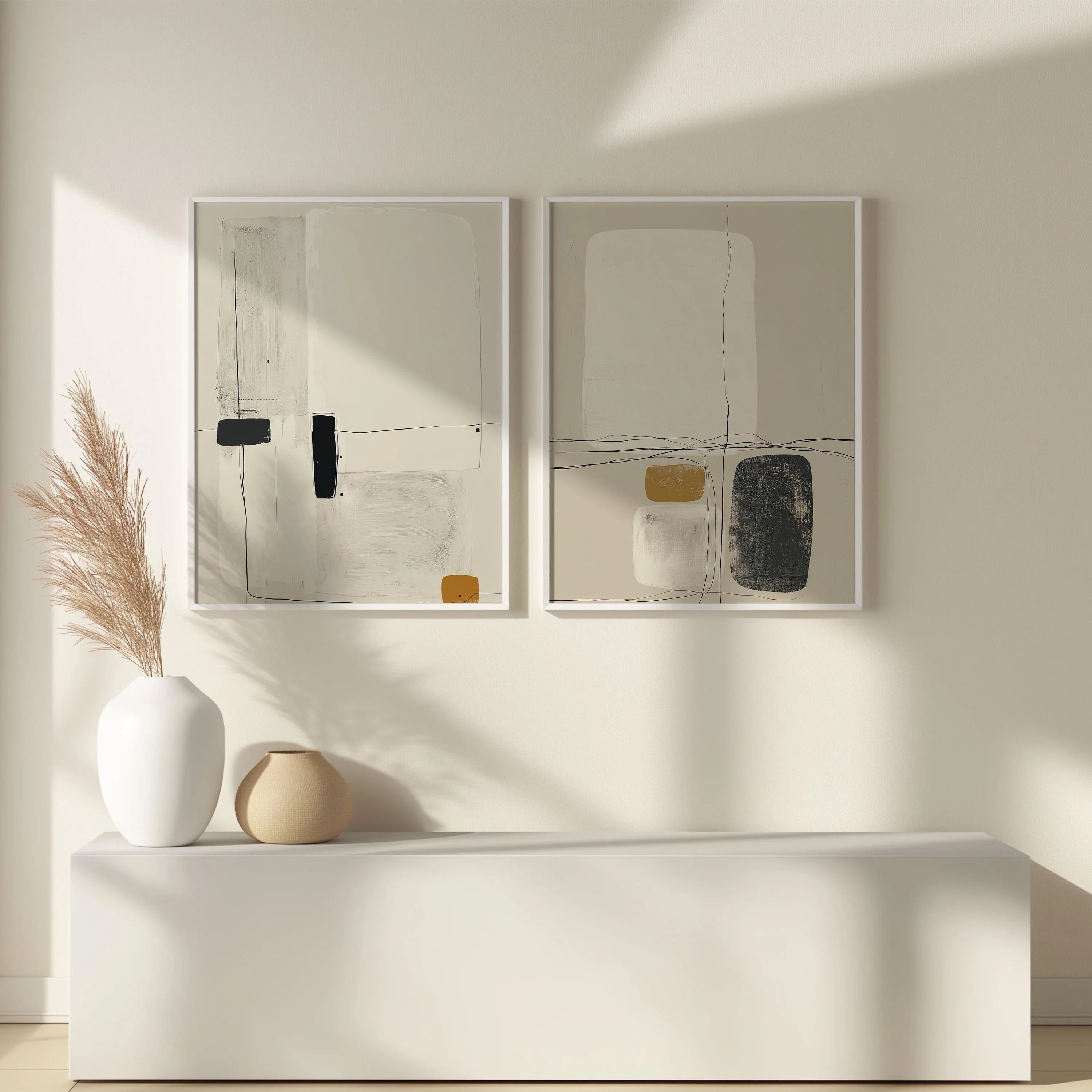 Minimalist abstract art set of 2 – modern line drawing in beige, black and mustard tones