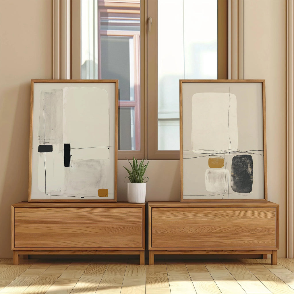 Minimalist abstract art set of 2 – modern line drawing in beige, black and mustard tones