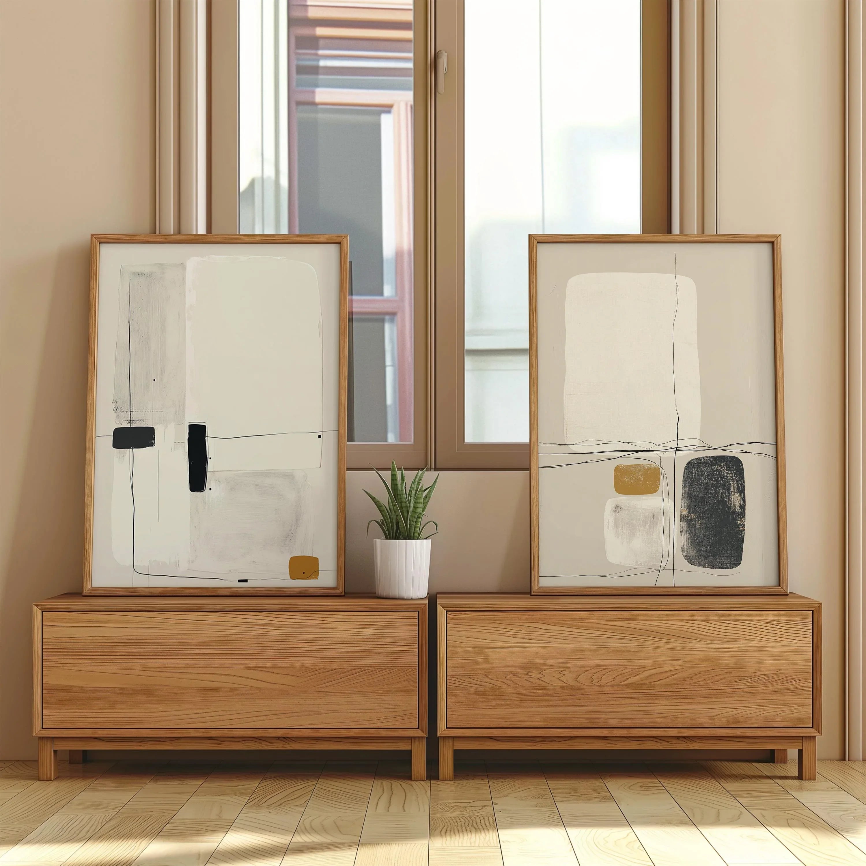 Minimalist abstract art set of 2 – modern line drawing in beige, black and mustard tones