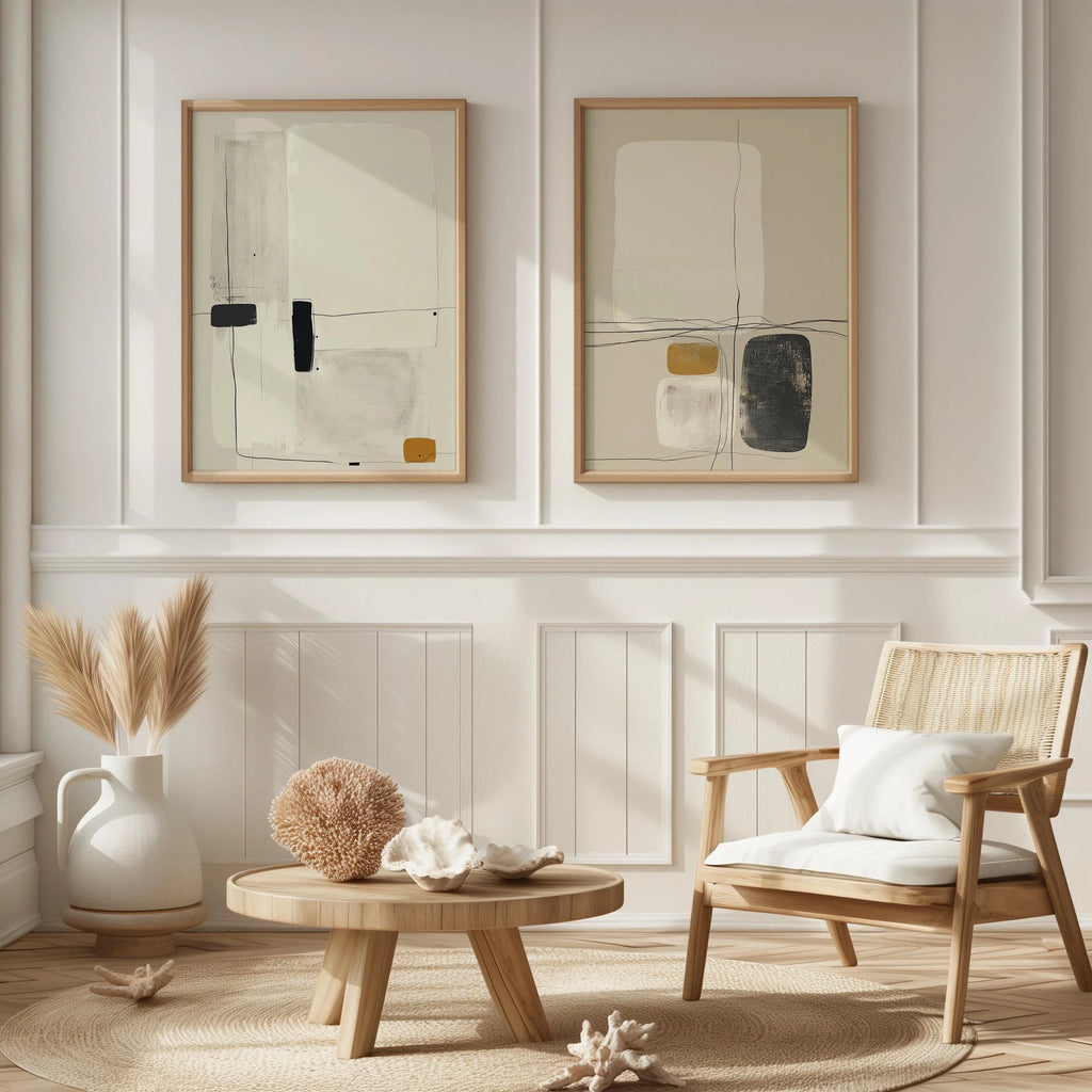 Minimalist abstract art set of 2 – modern line drawing in beige, black and mustard tones