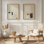 Minimalist abstract art set of 2 – modern line drawing in beige, black and mustard tones