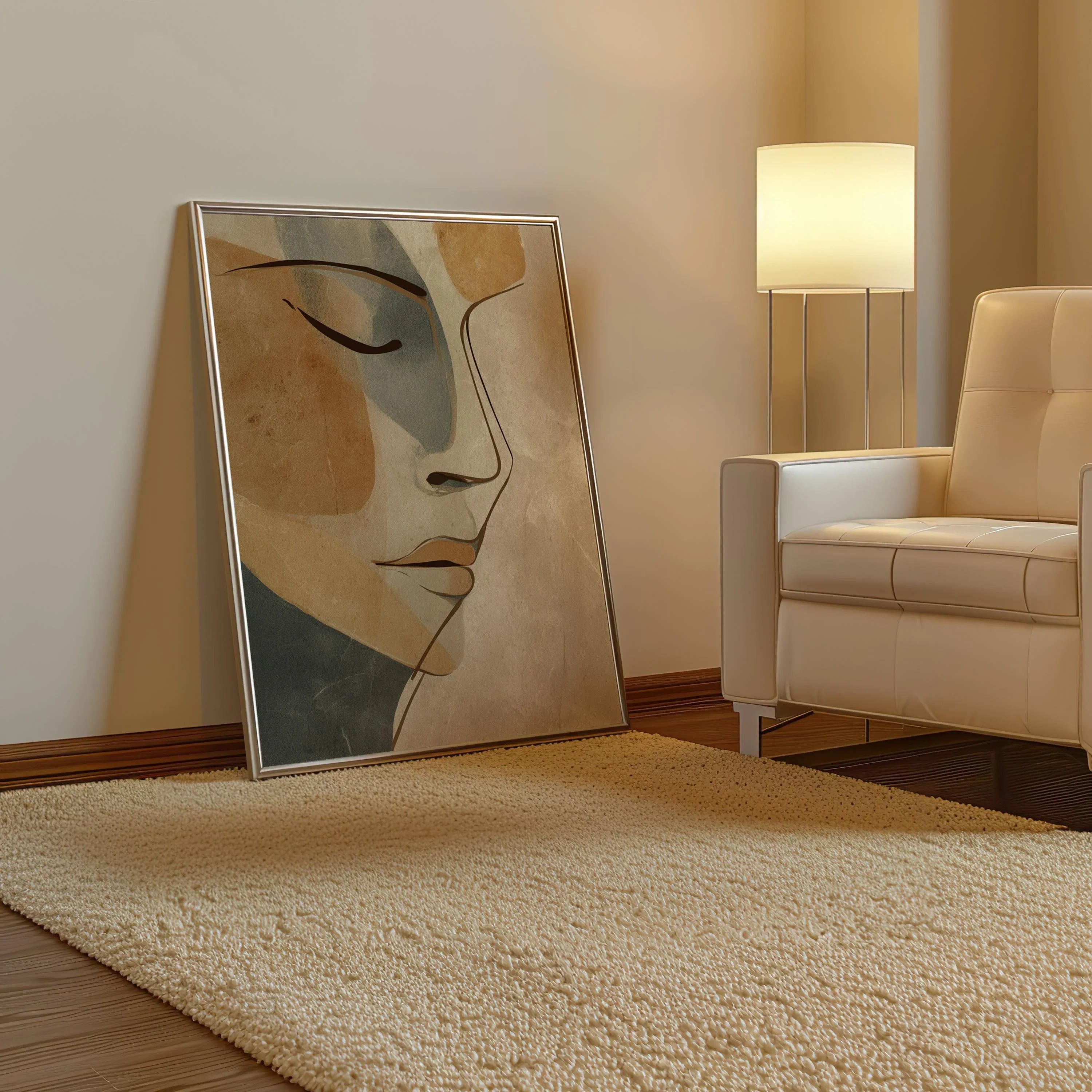 Minimalist abstract woman face wall art – warm neutral line drawing on cream background