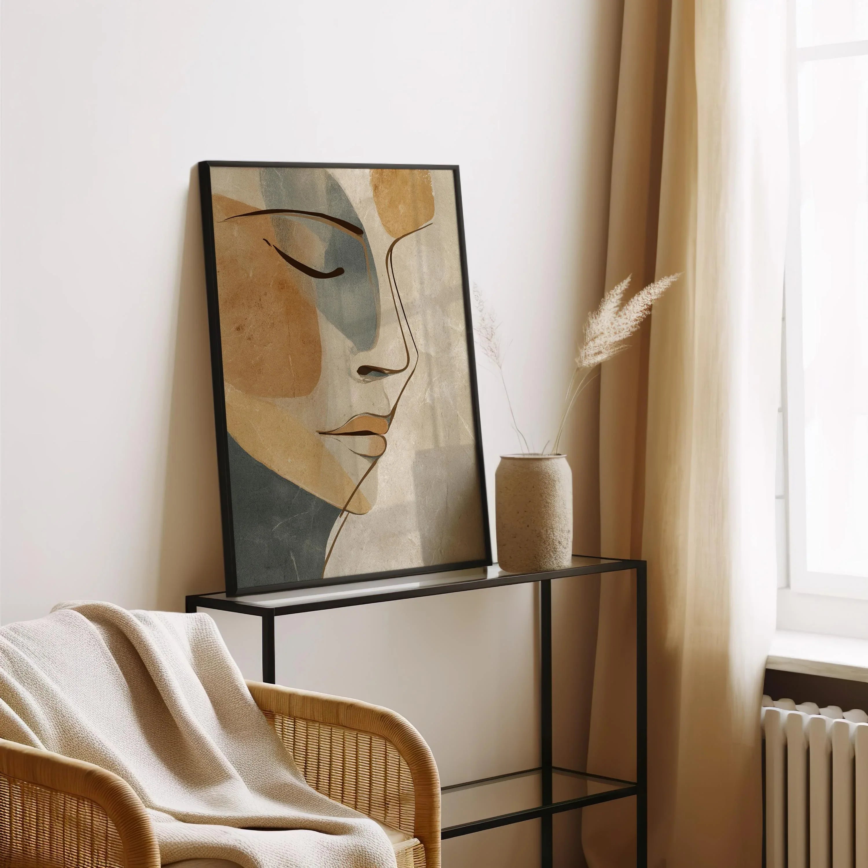 Minimalist abstract woman face wall art – warm neutral line drawing on cream background