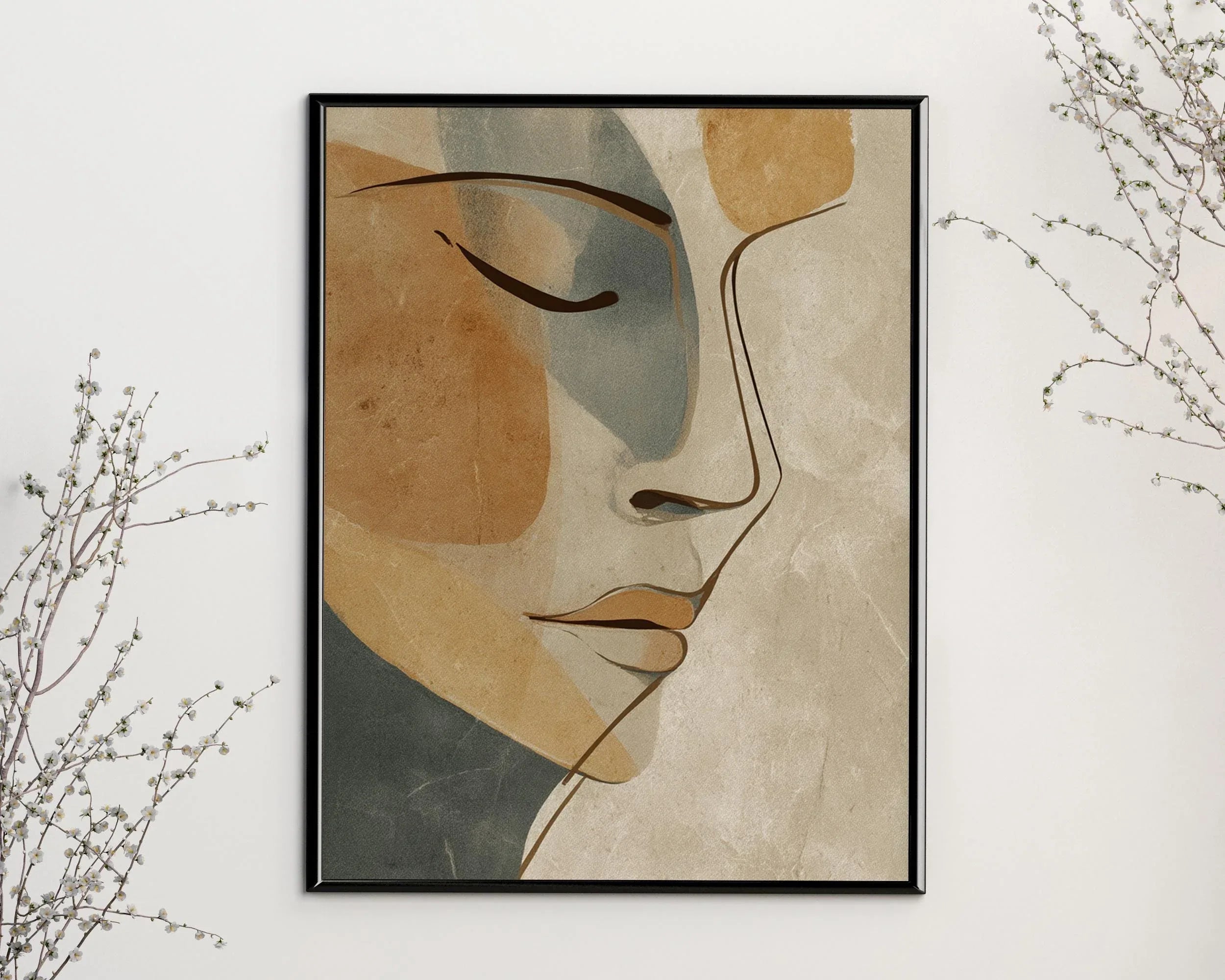 Minimalist abstract woman face wall art – warm neutral line drawing on cream background