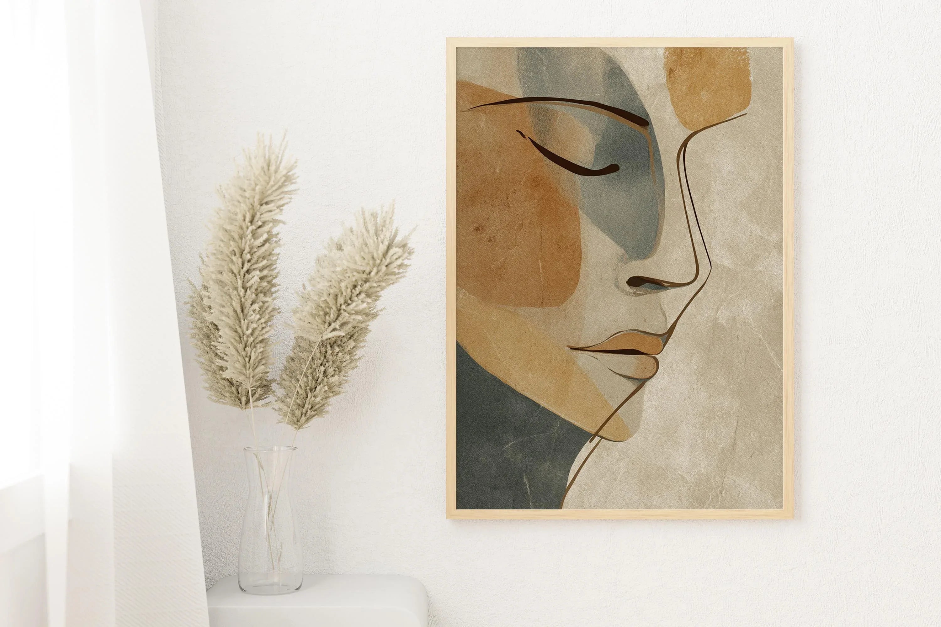 Minimalist abstract woman face wall art – warm neutral line drawing on cream background