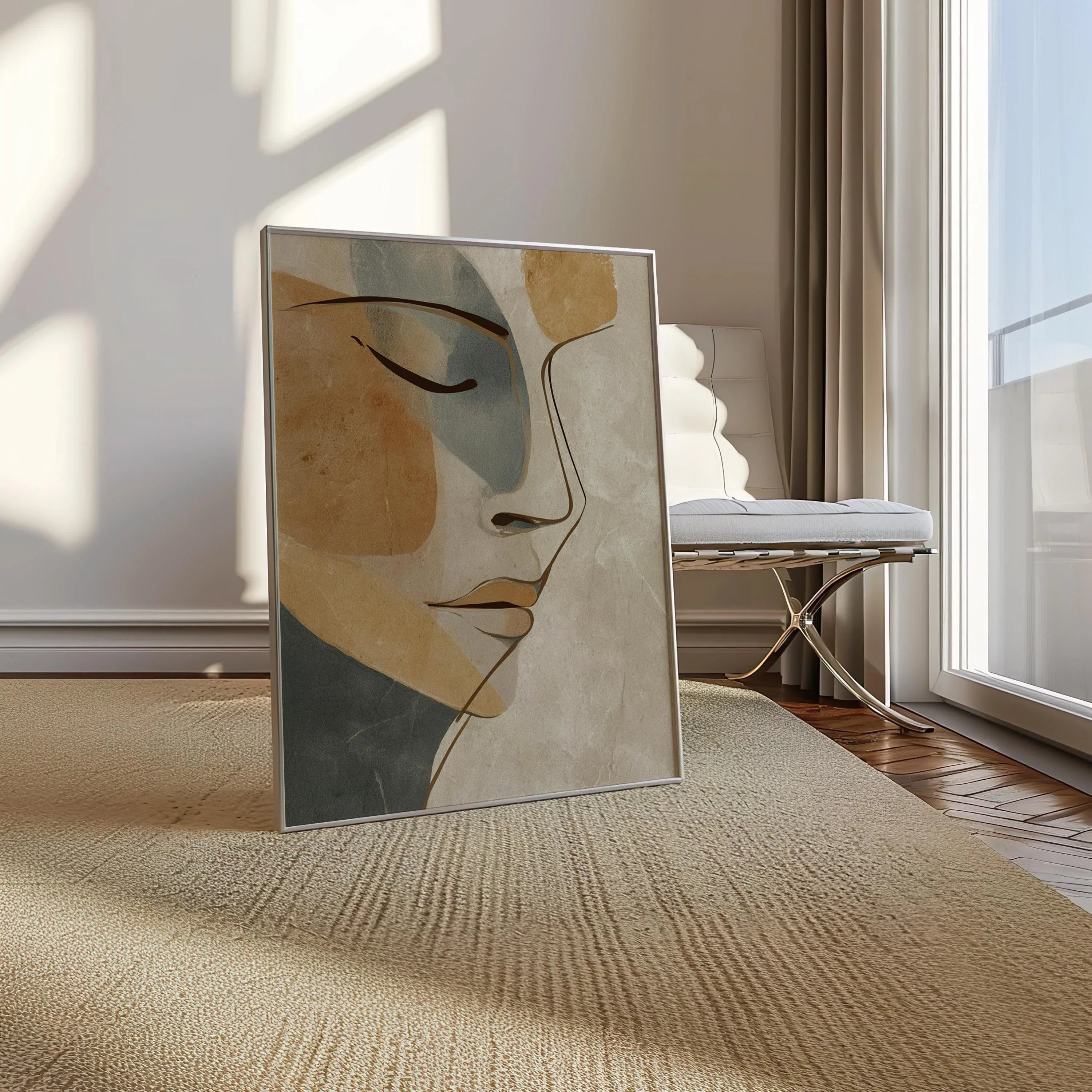 Minimalist abstract woman face wall art – warm neutral line drawing on cream background