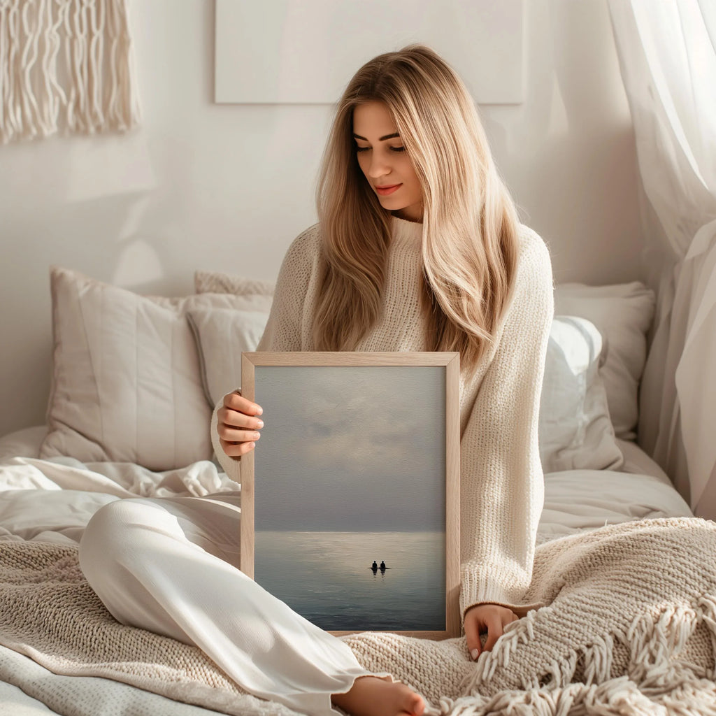 Minimalist seascape wall art – calm ocean abstract with couple silhouette, romantic decor