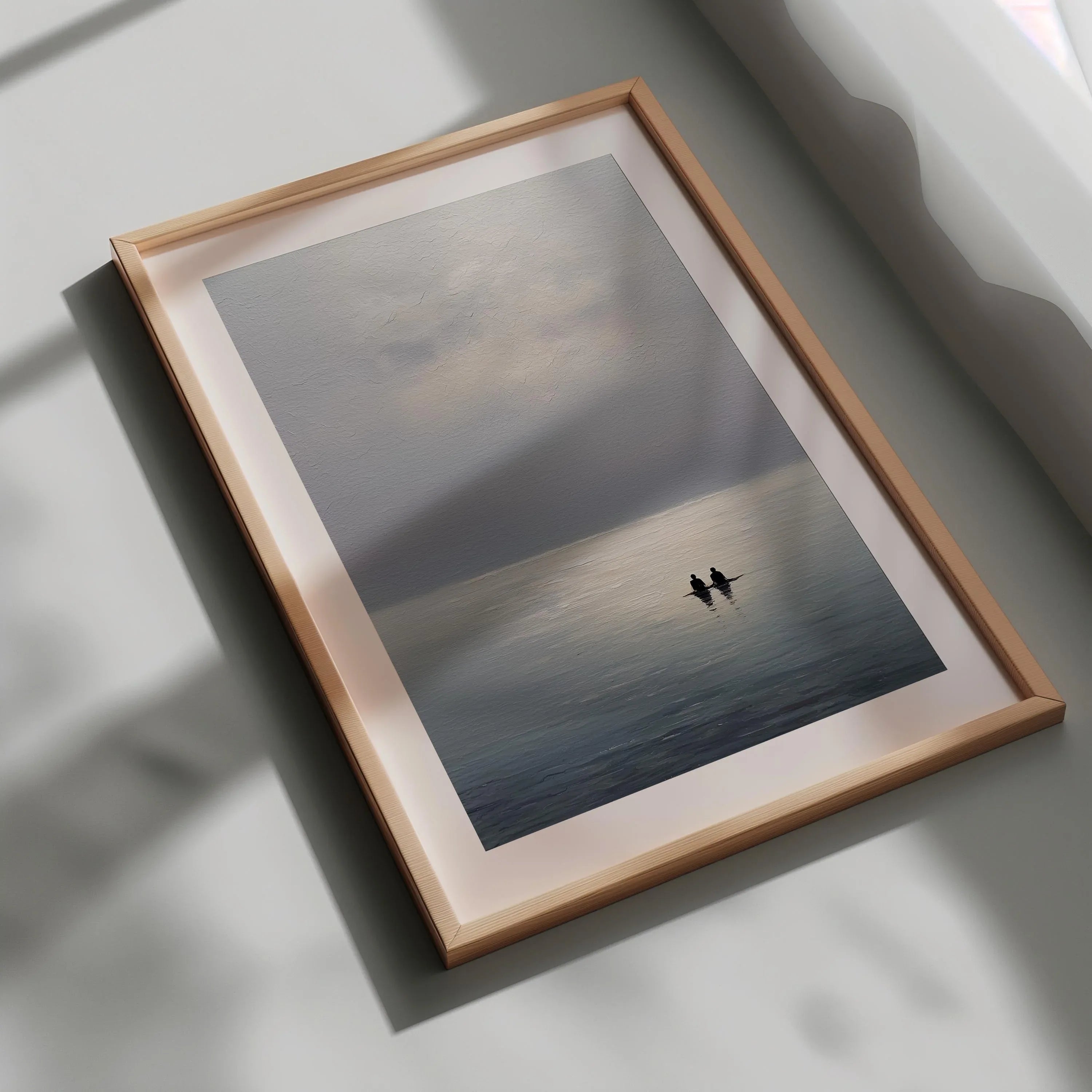 Minimalist seascape wall art – calm ocean abstract with couple silhouette, romantic decor
