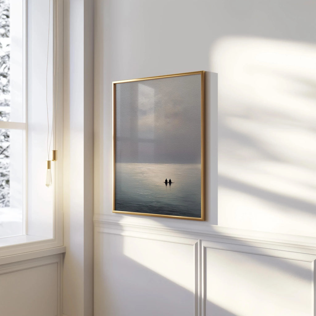 Minimalist seascape wall art – calm ocean abstract with couple silhouette, romantic decor