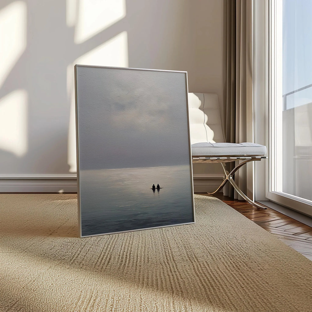 Minimalist seascape wall art – calm ocean abstract with couple silhouette, romantic decor