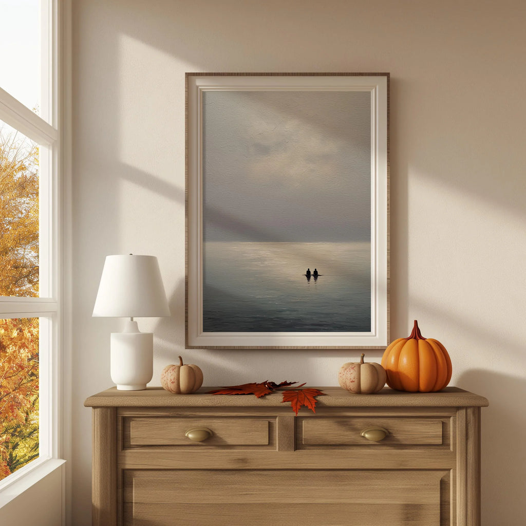 Minimalist seascape wall art – calm ocean abstract with couple silhouette, romantic decor