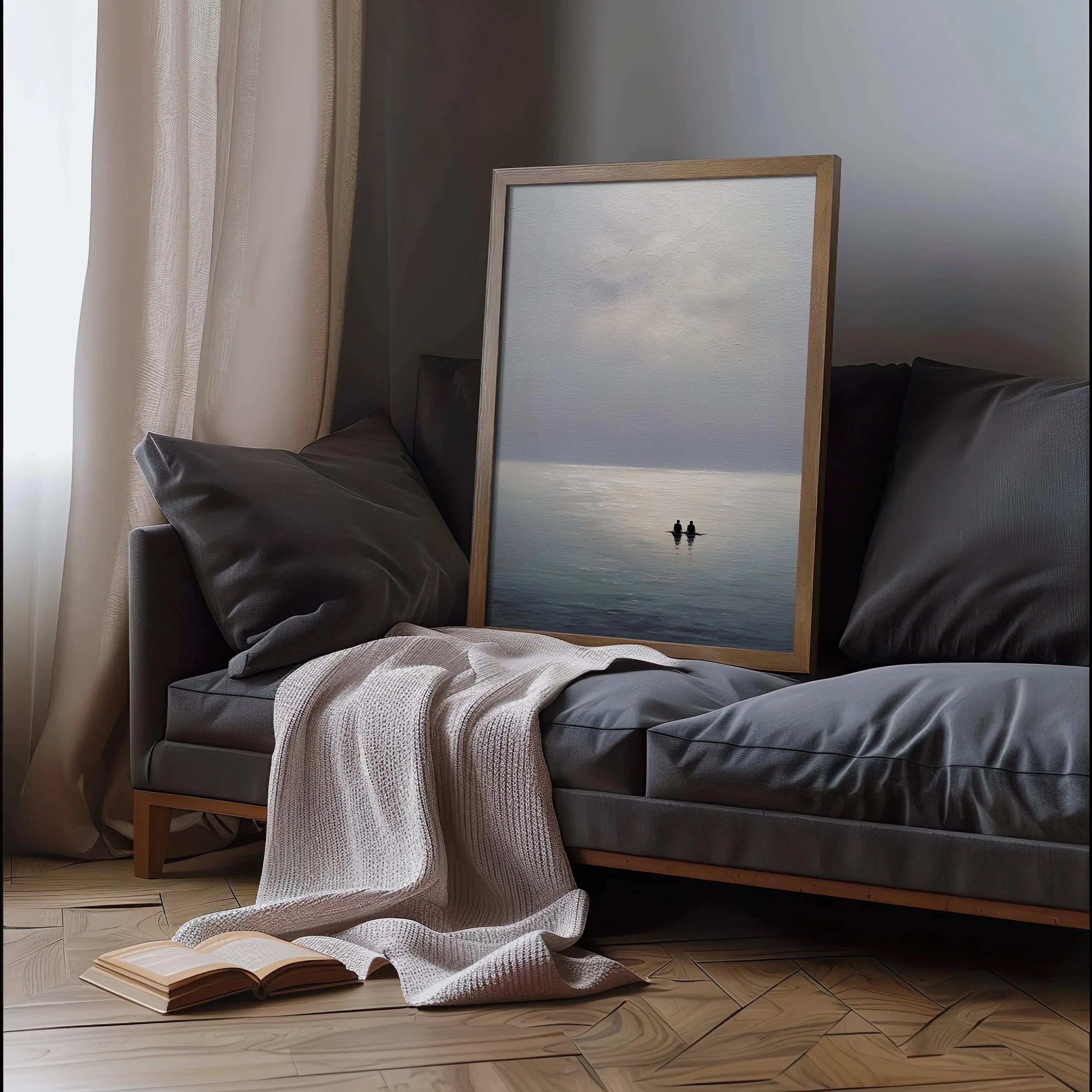 Minimalist seascape wall art – calm ocean abstract with couple silhouette, romantic decor
