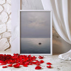 Minimalist seascape wall art – calm ocean abstract with couple silhouette, romantic decor