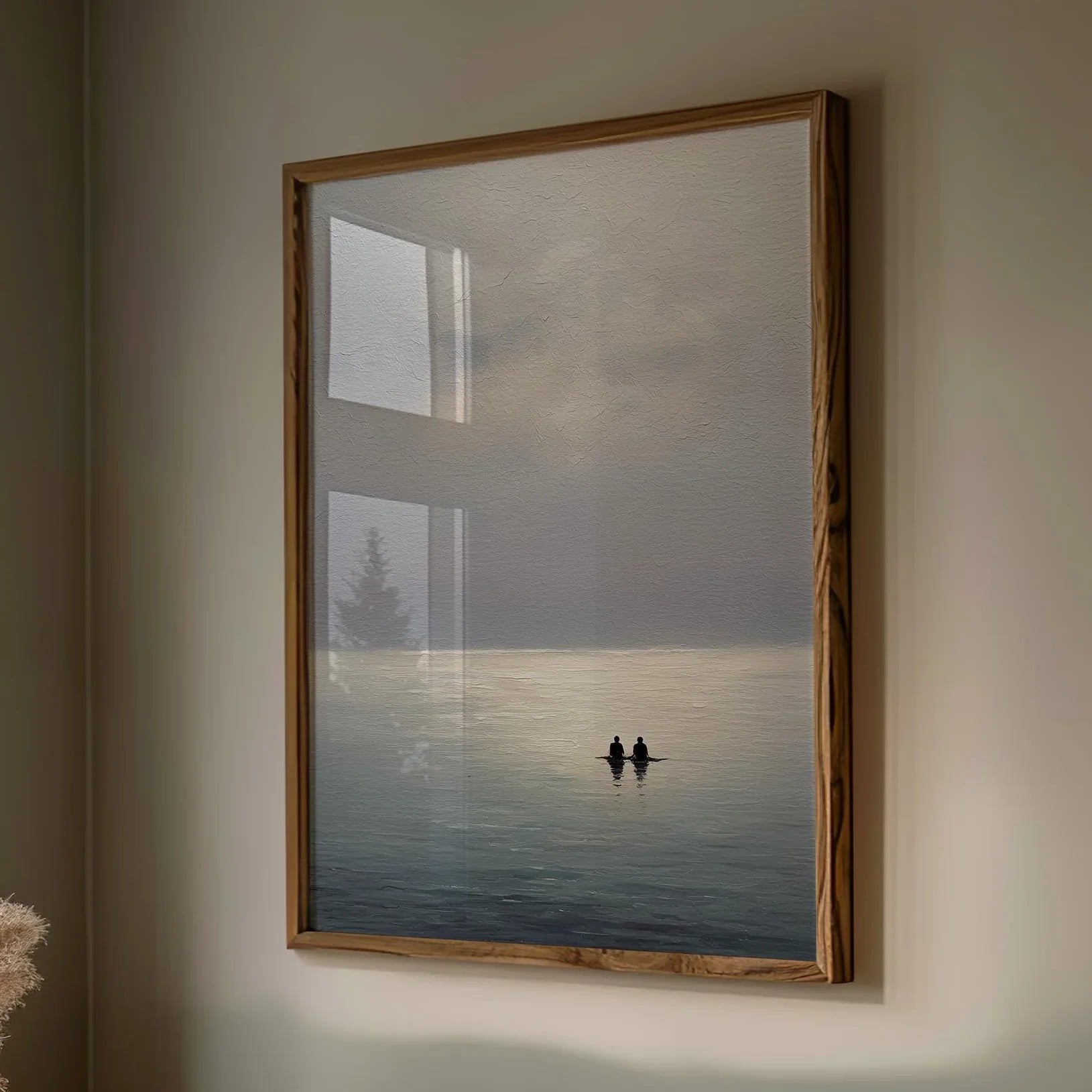 Minimalist seascape wall art – calm ocean abstract with couple silhouette, romantic decor