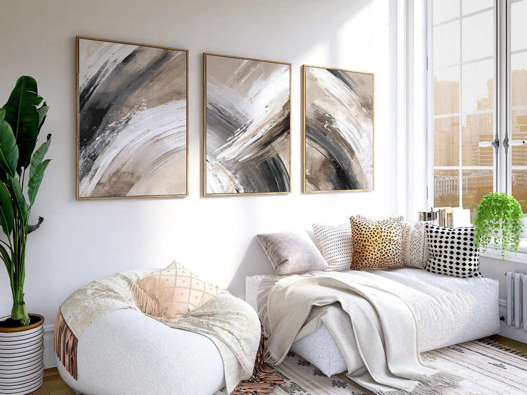 Modern abstract brushstroke wall art – neutral taupe and gray minimalist composition