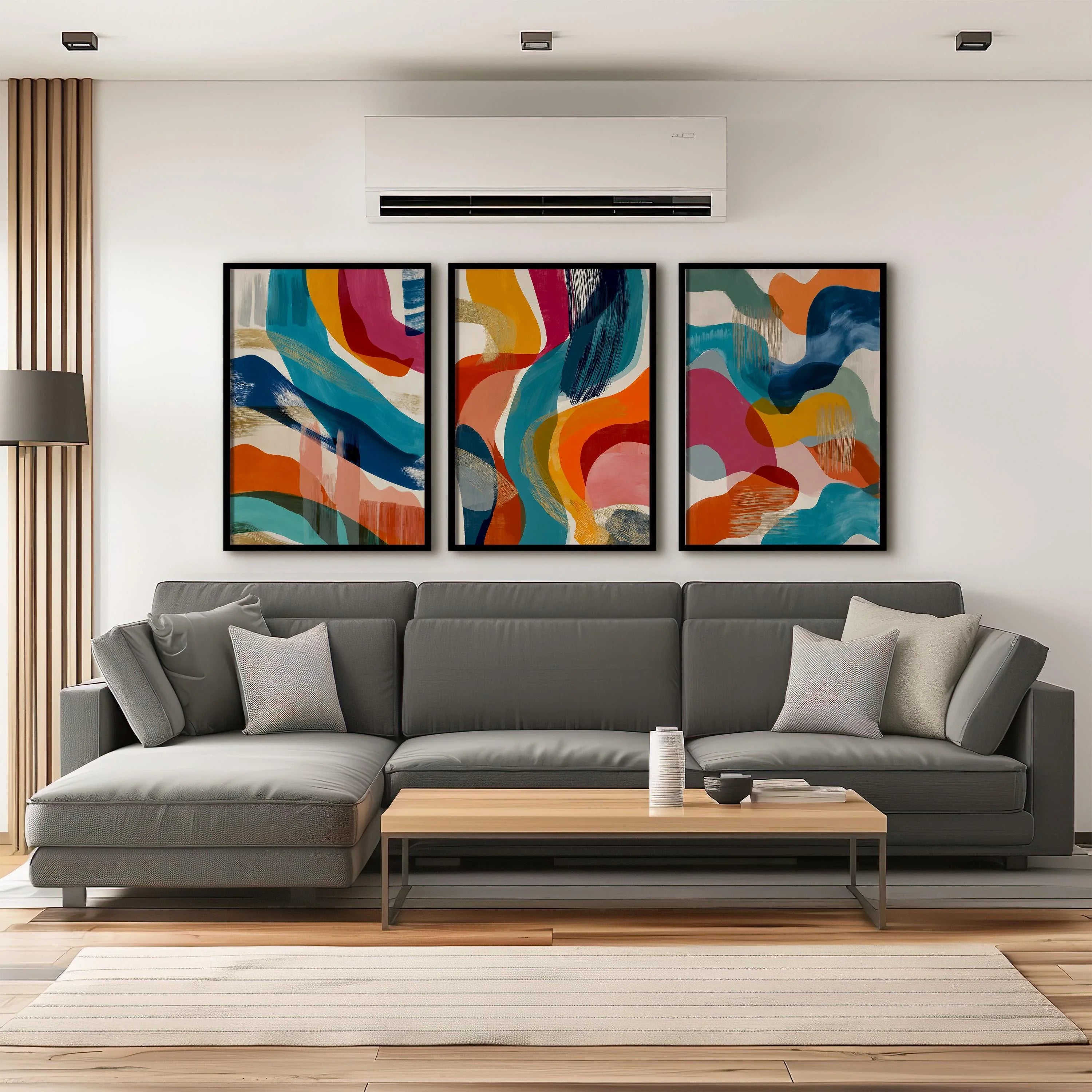 Modern geometric abstract wall art – mid-century colorful waves in navy, orange and pink