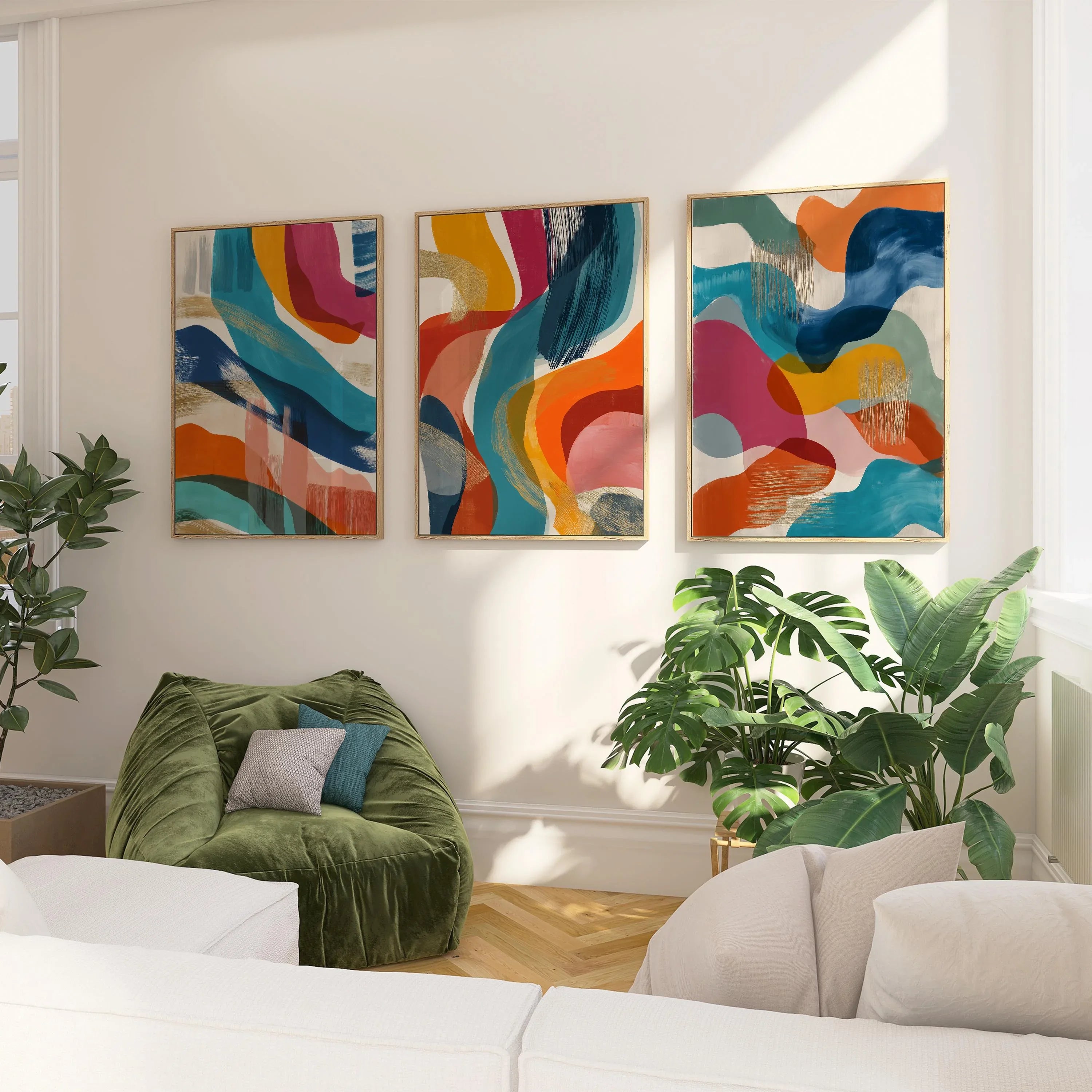 Modern geometric abstract wall art – mid-century colorful waves in navy, orange and pink