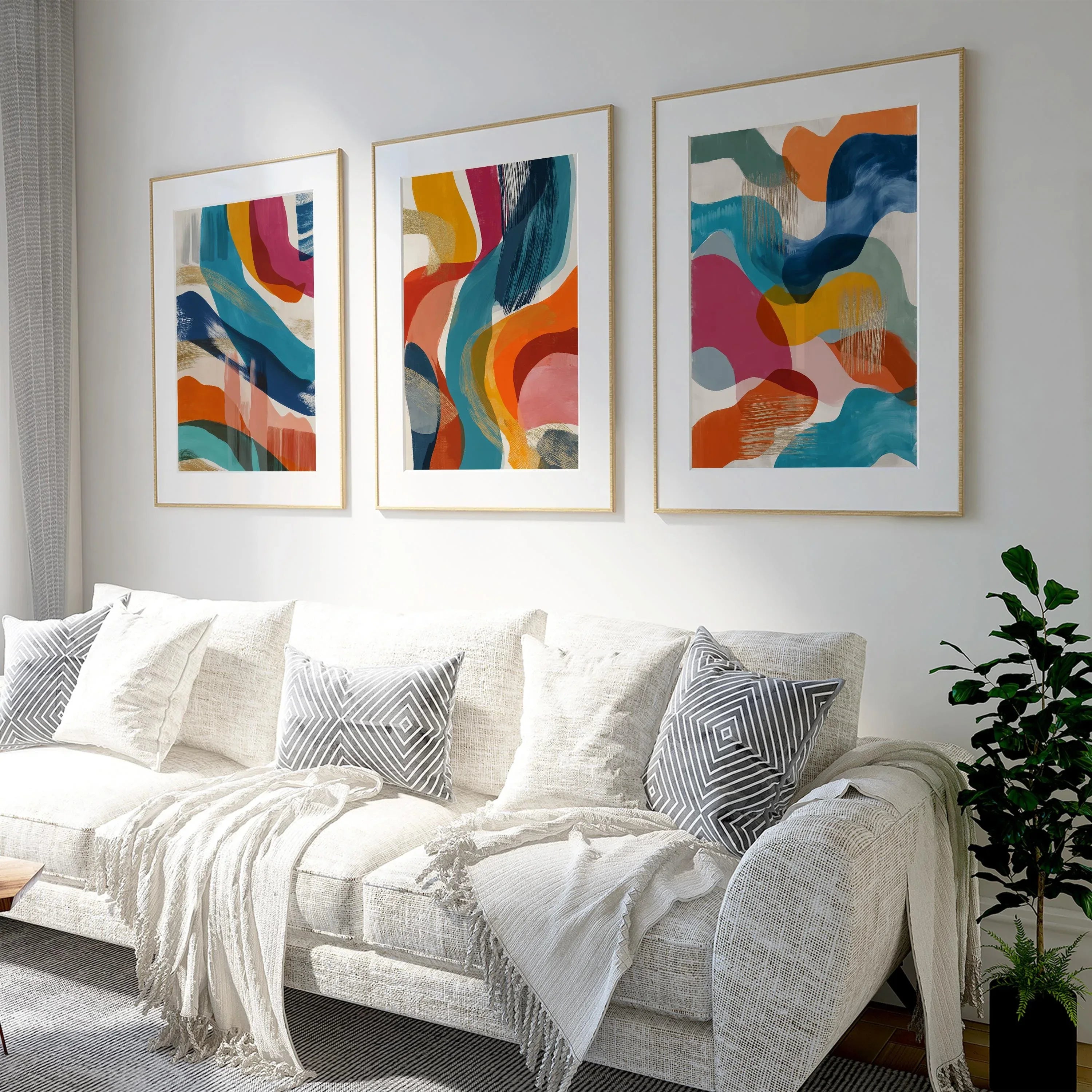 Modern geometric abstract wall art – mid-century colorful waves in navy, orange and pink