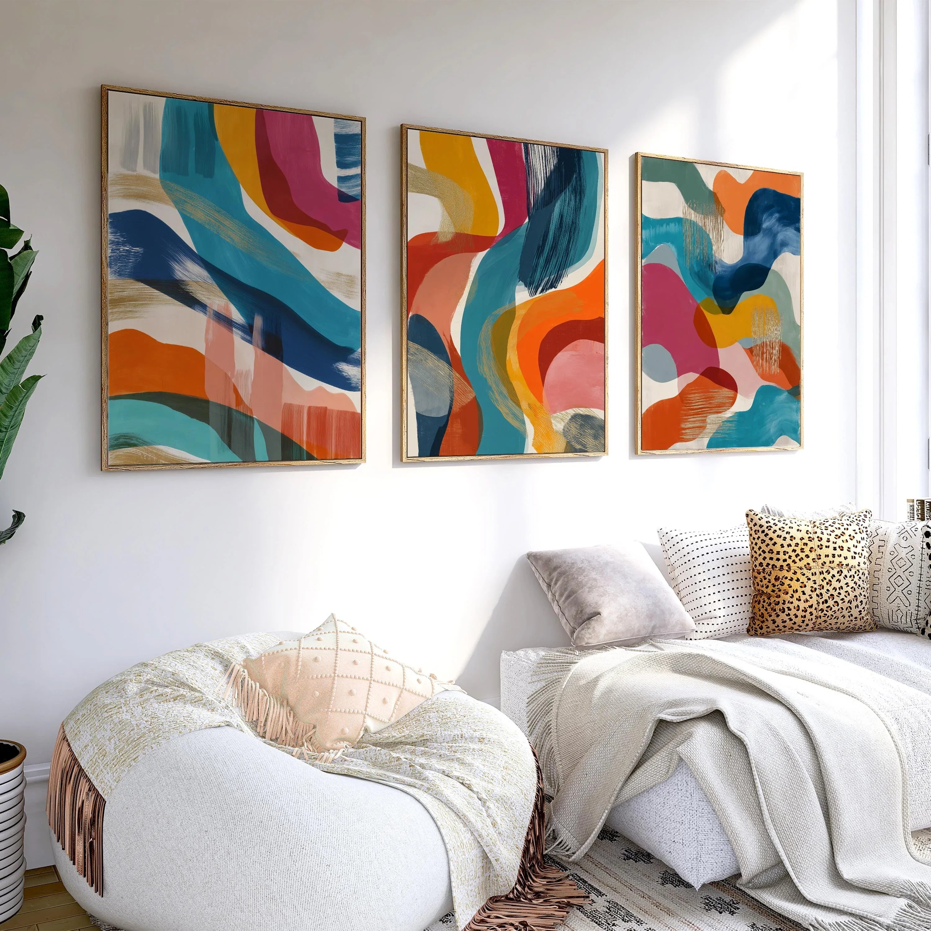 Modern geometric abstract wall art – mid-century colorful waves in navy, orange and pink