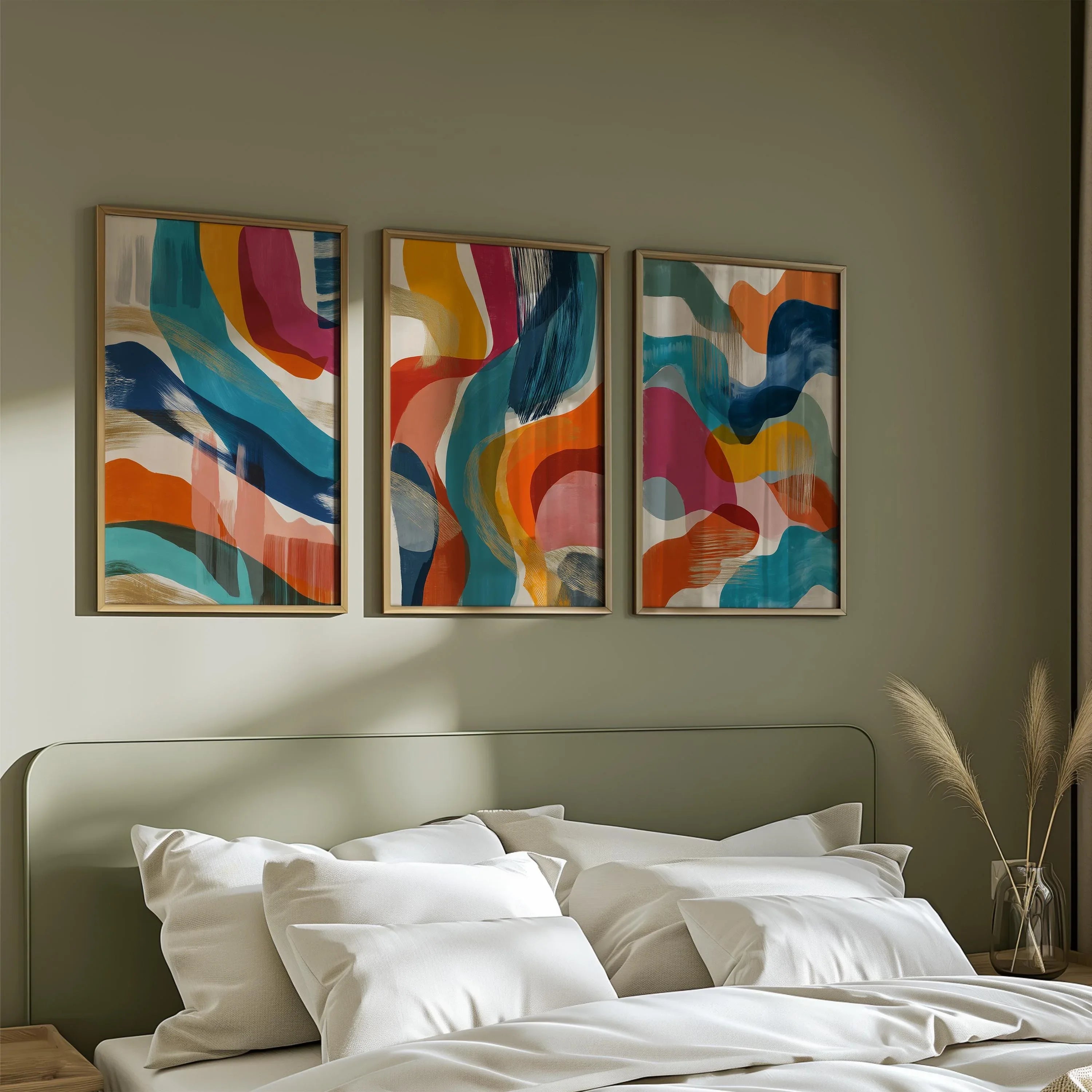 Modern geometric abstract wall art – mid-century colorful waves in navy, orange and pink