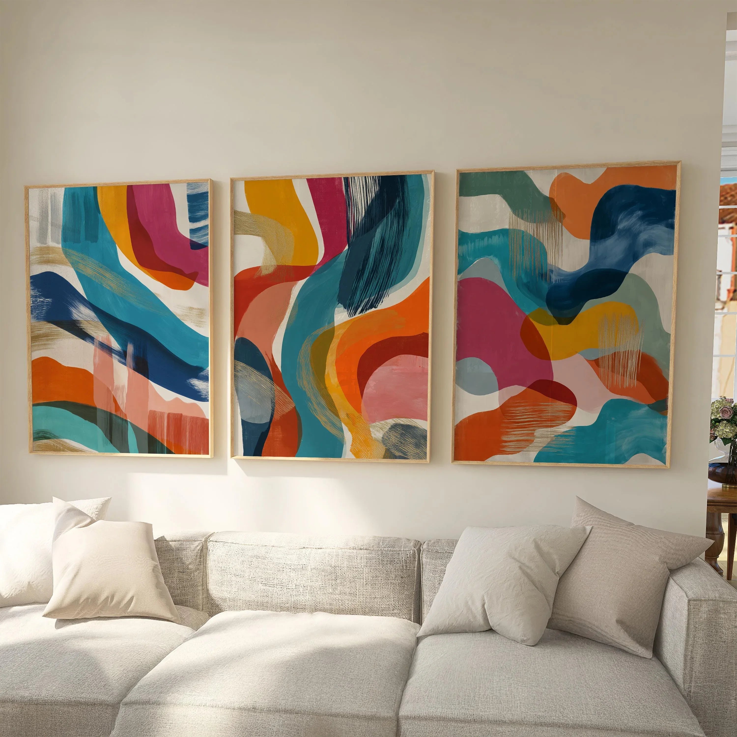 Modern geometric abstract wall art – mid-century colorful waves in navy, orange and pink
