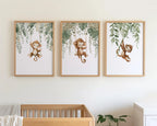 Monkey nursery wall art set of 3 – watercolor jungle animals with green tropical leaves