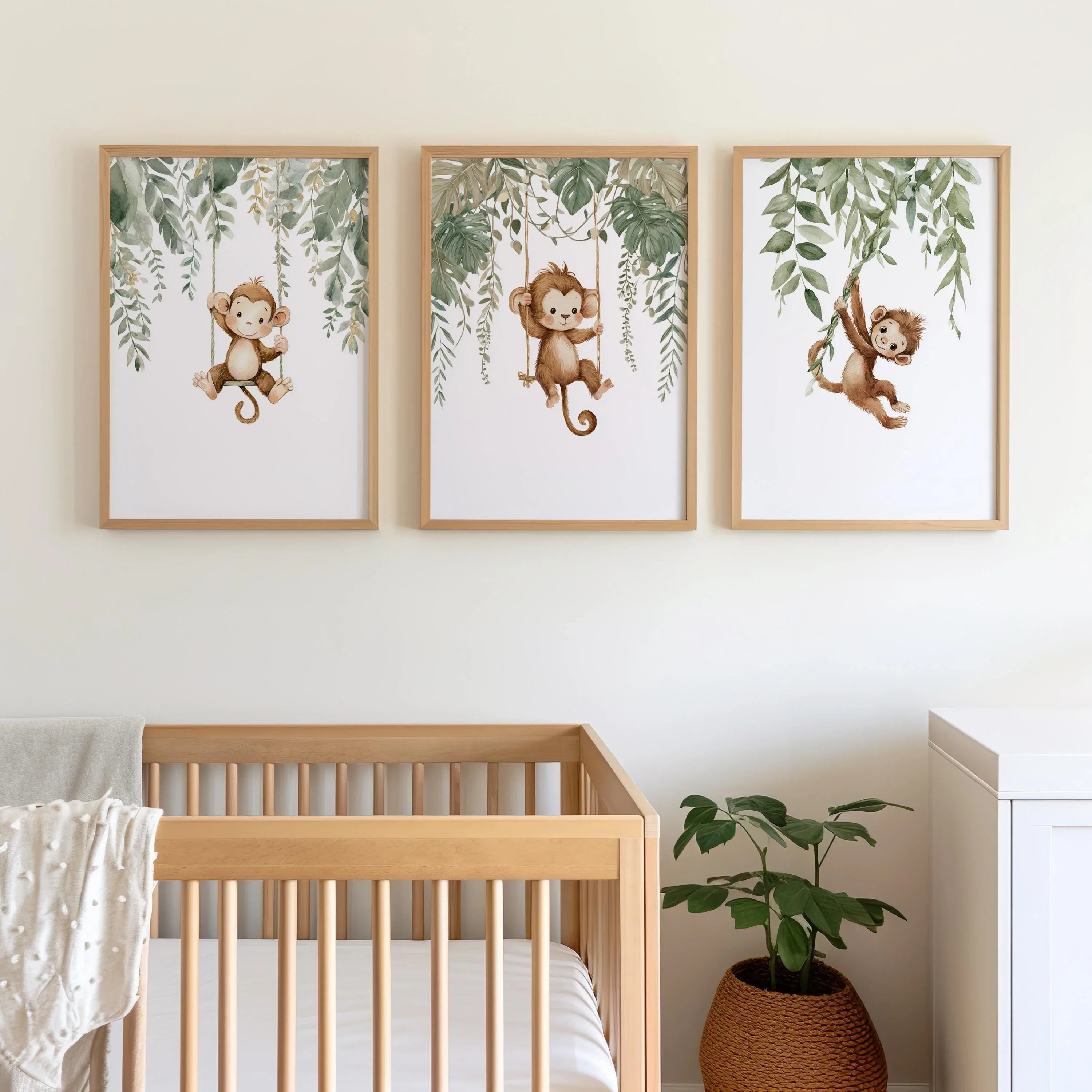 Monkey nursery wall art set of 3 – watercolor jungle animals with green tropical leaves