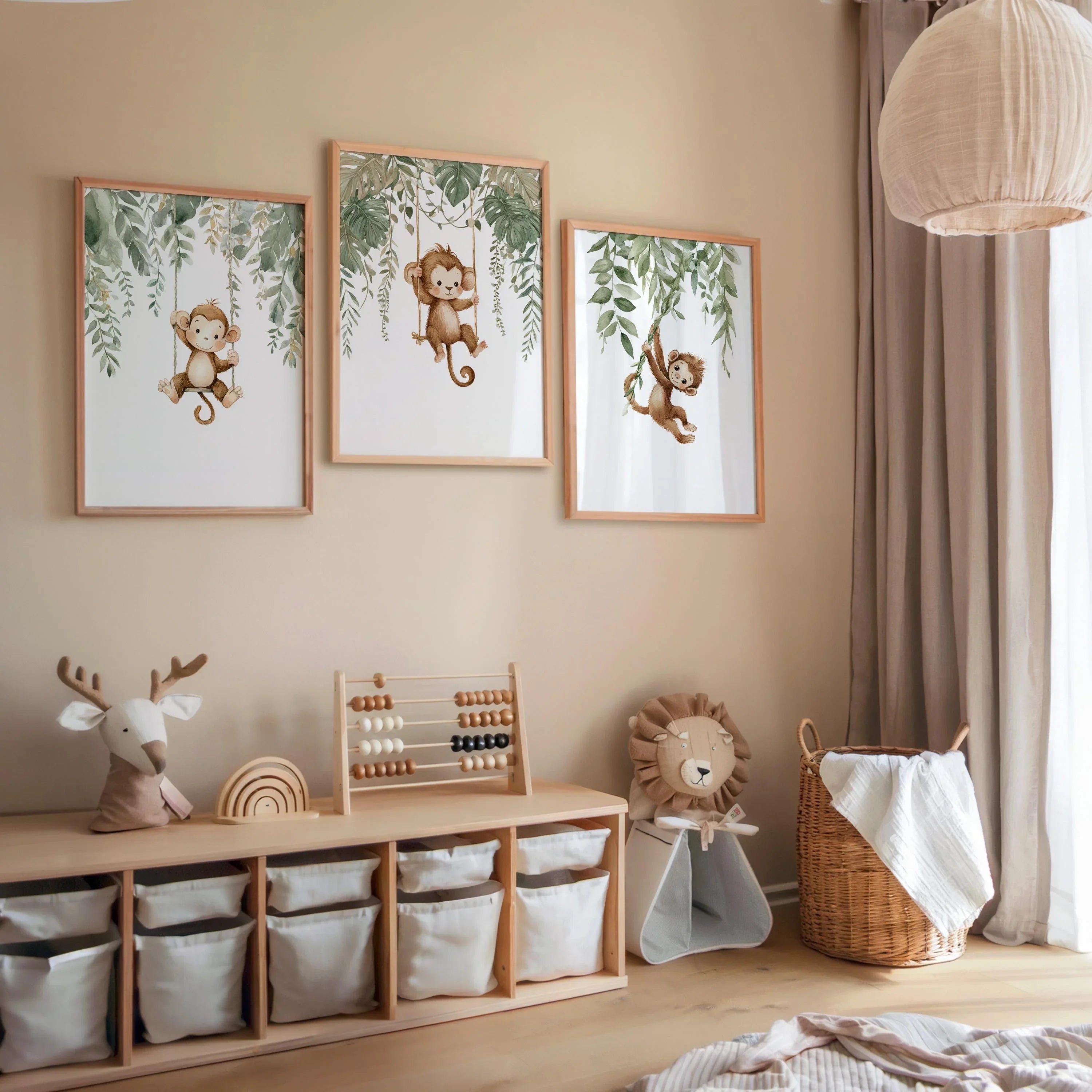 Monkey nursery wall art set of 3 – watercolor jungle animals with green tropical leaves