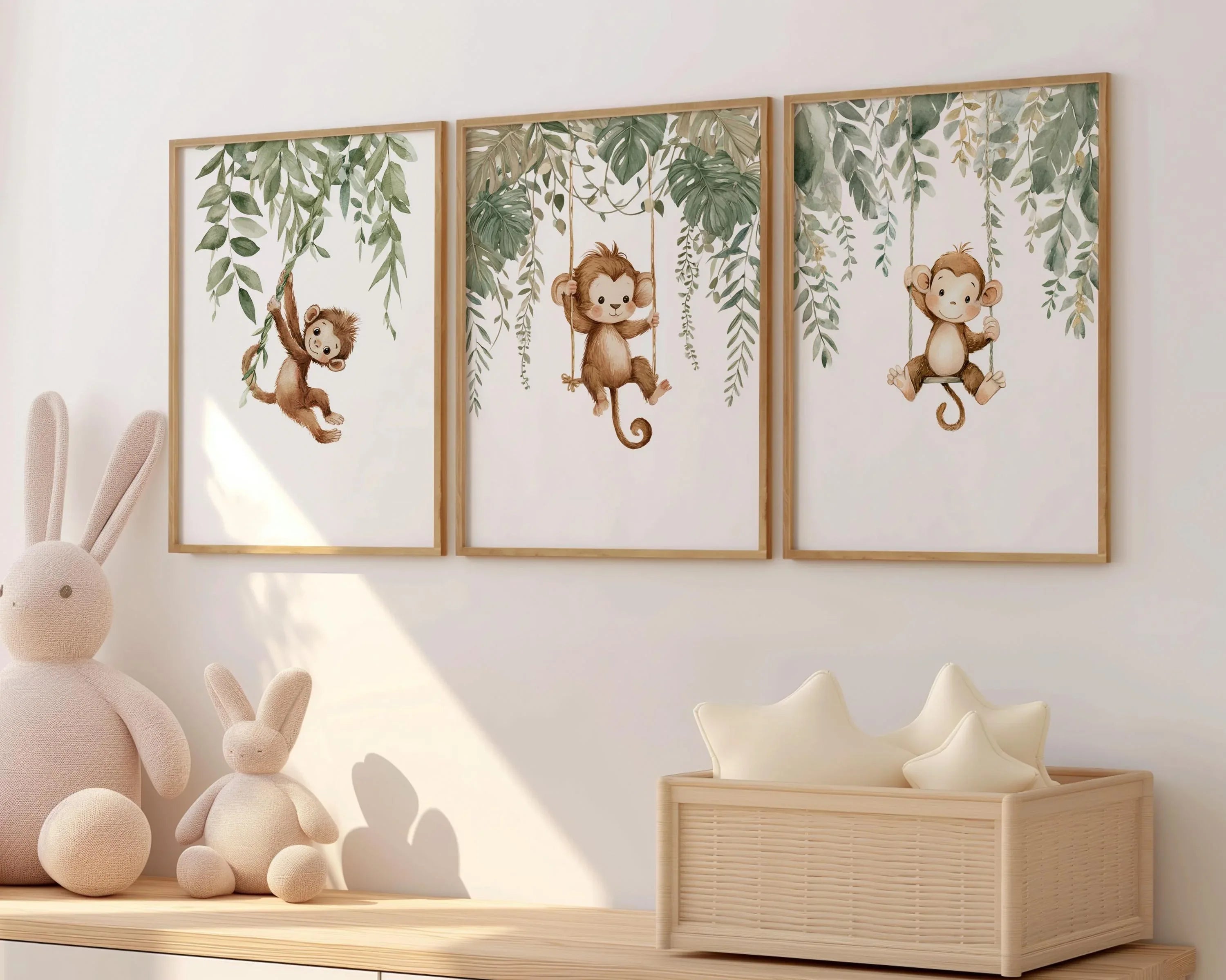 Monkey nursery wall art set of 3 – watercolor jungle animals with green tropical leaves