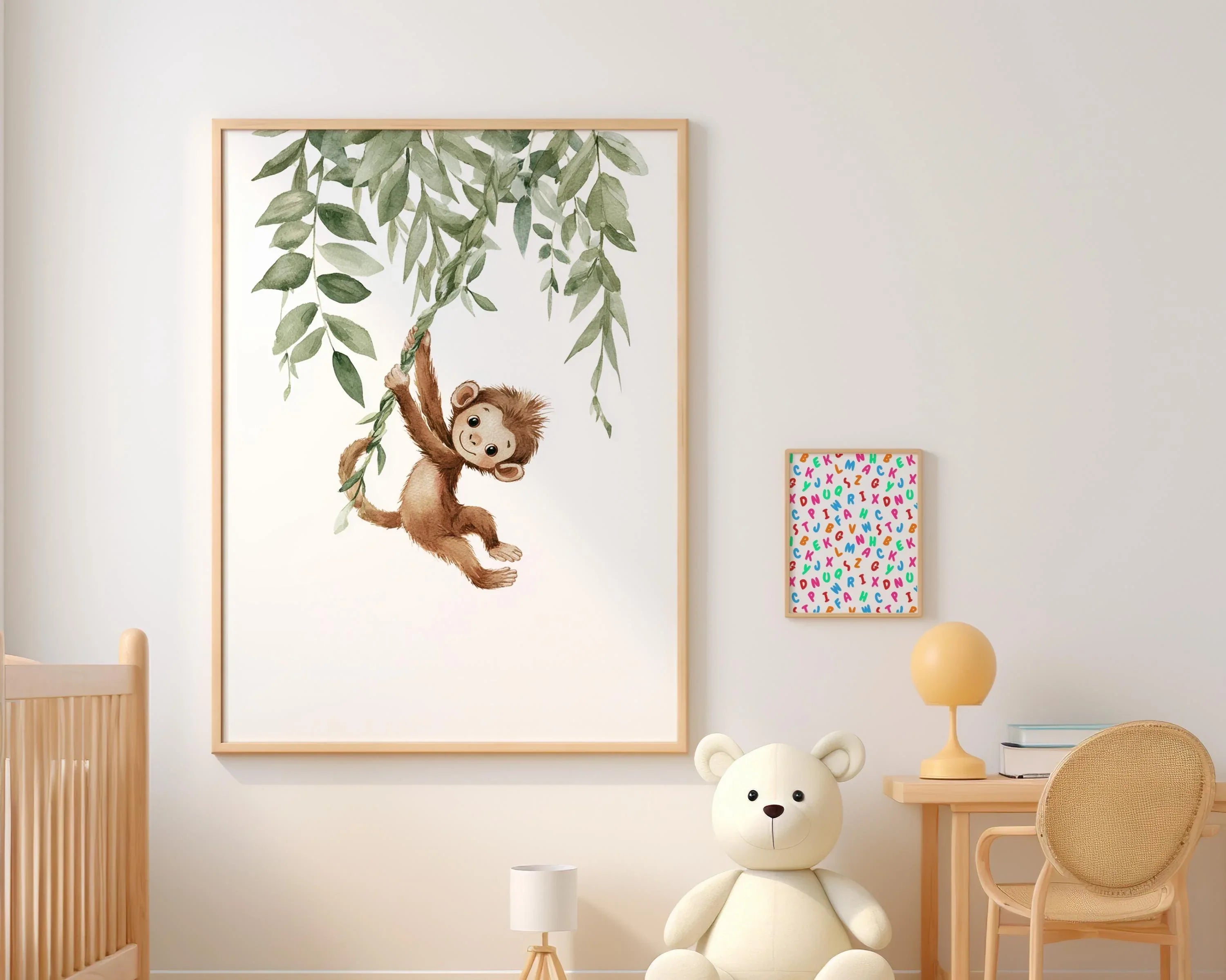 Monkey nursery wall art set of 3 – watercolor jungle animals with green tropical leaves