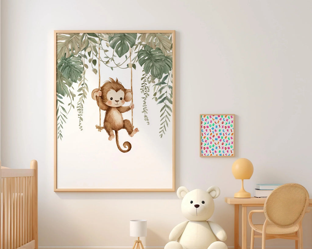 Monkey nursery wall art set of 3 – watercolor jungle animals with green tropical leaves
