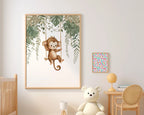 Monkey nursery wall art set of 3 – watercolor jungle animals with green tropical leaves