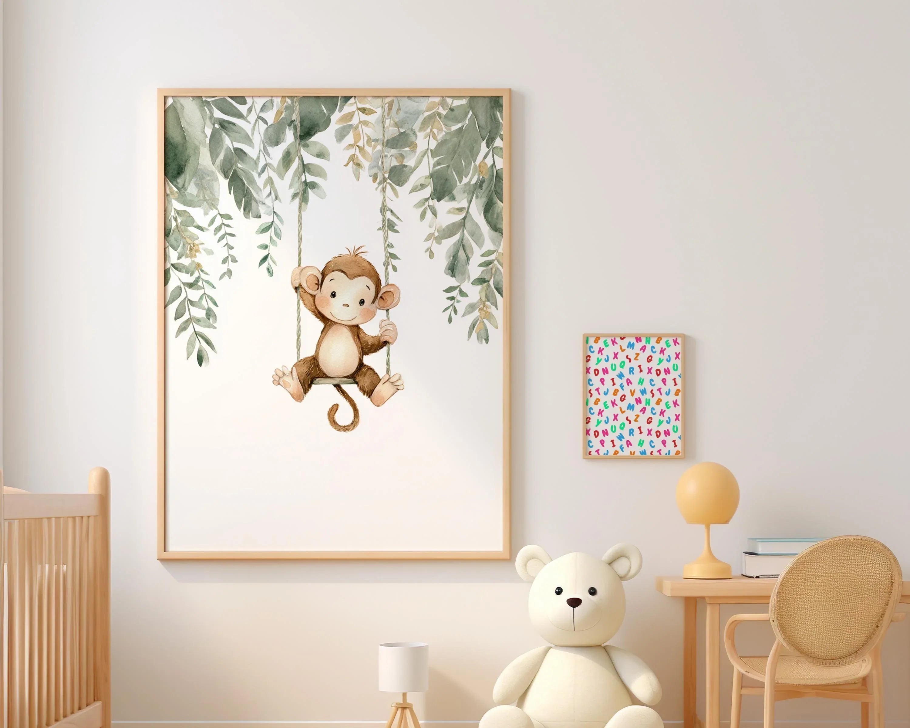 Monkey nursery wall art set of 3 – watercolor jungle animals with green tropical leaves