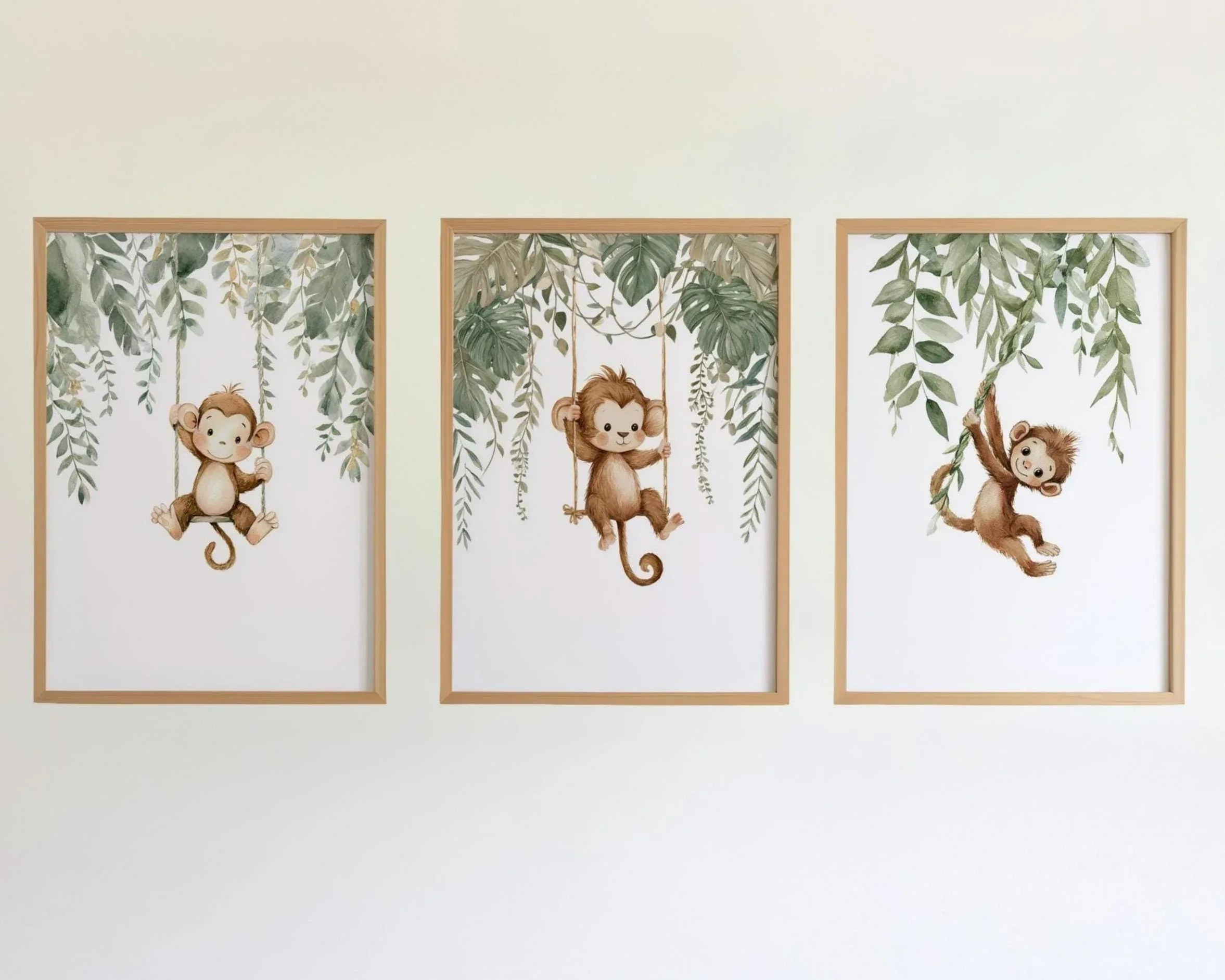 Monkey nursery wall art set of 3 – watercolor jungle animals with green tropical leaves